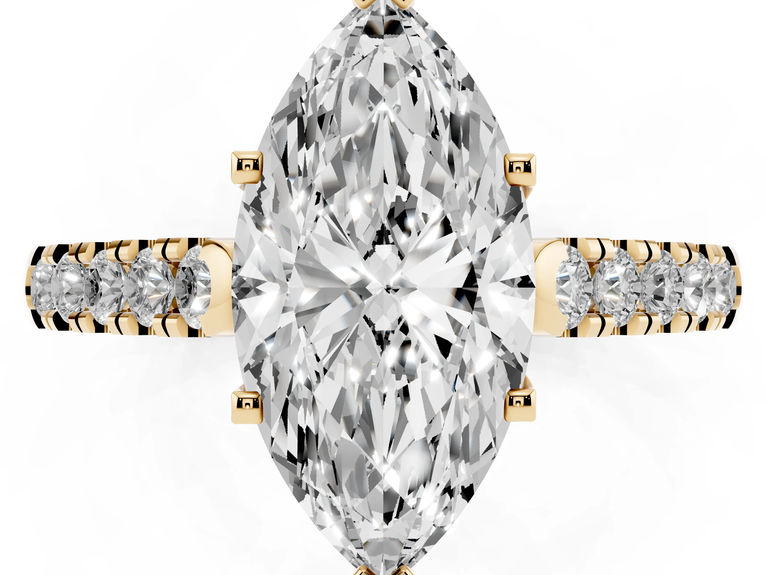 Marquise Cut Diamond Pavé Band Solitaire Ring Set in Yellow gold with Partway Accent Stones and Prong Setting