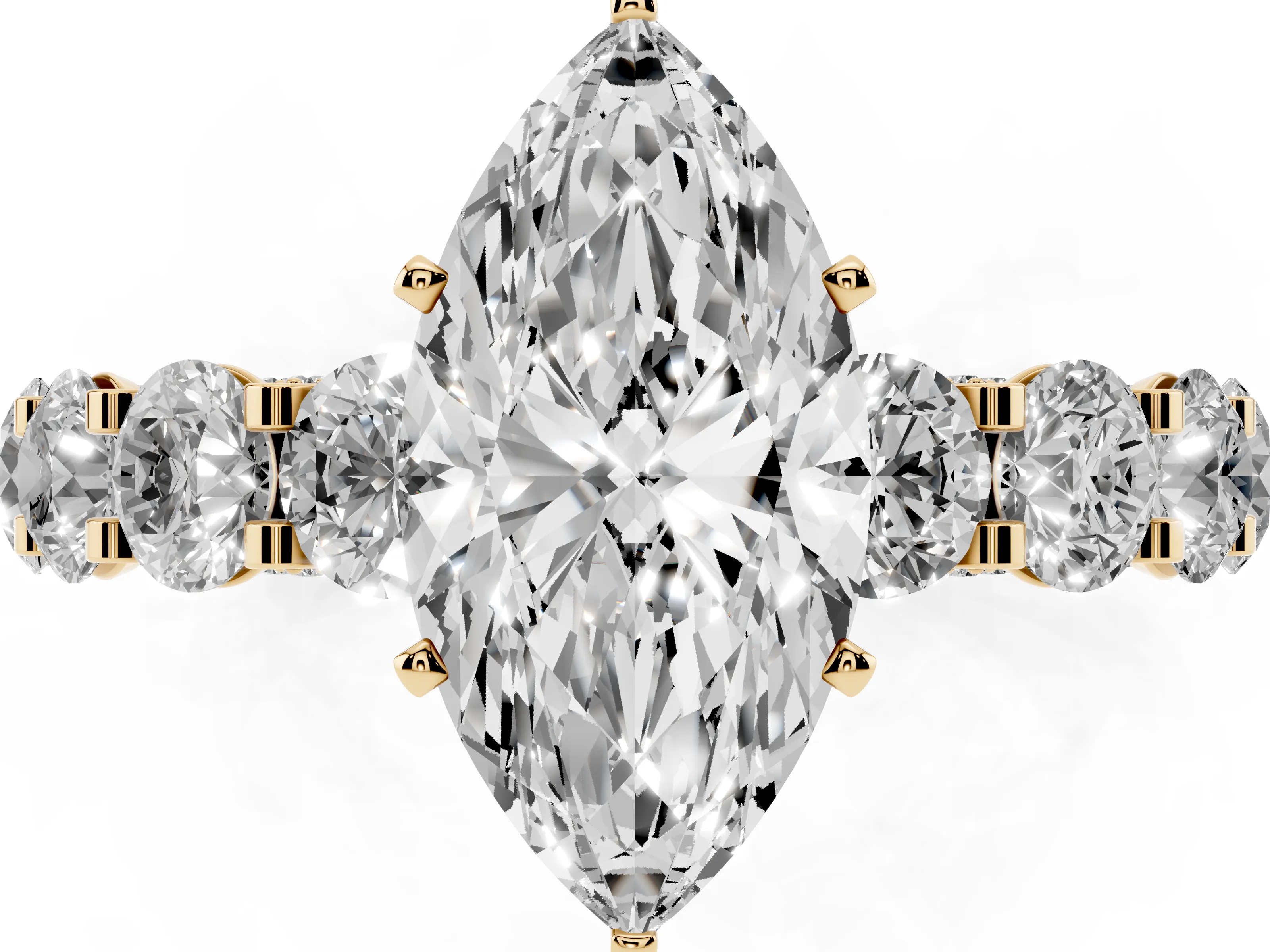Marquise Cut Diamond Side Stone Ring Set in Yellow gold with Alternating Round and Oval Side Stones