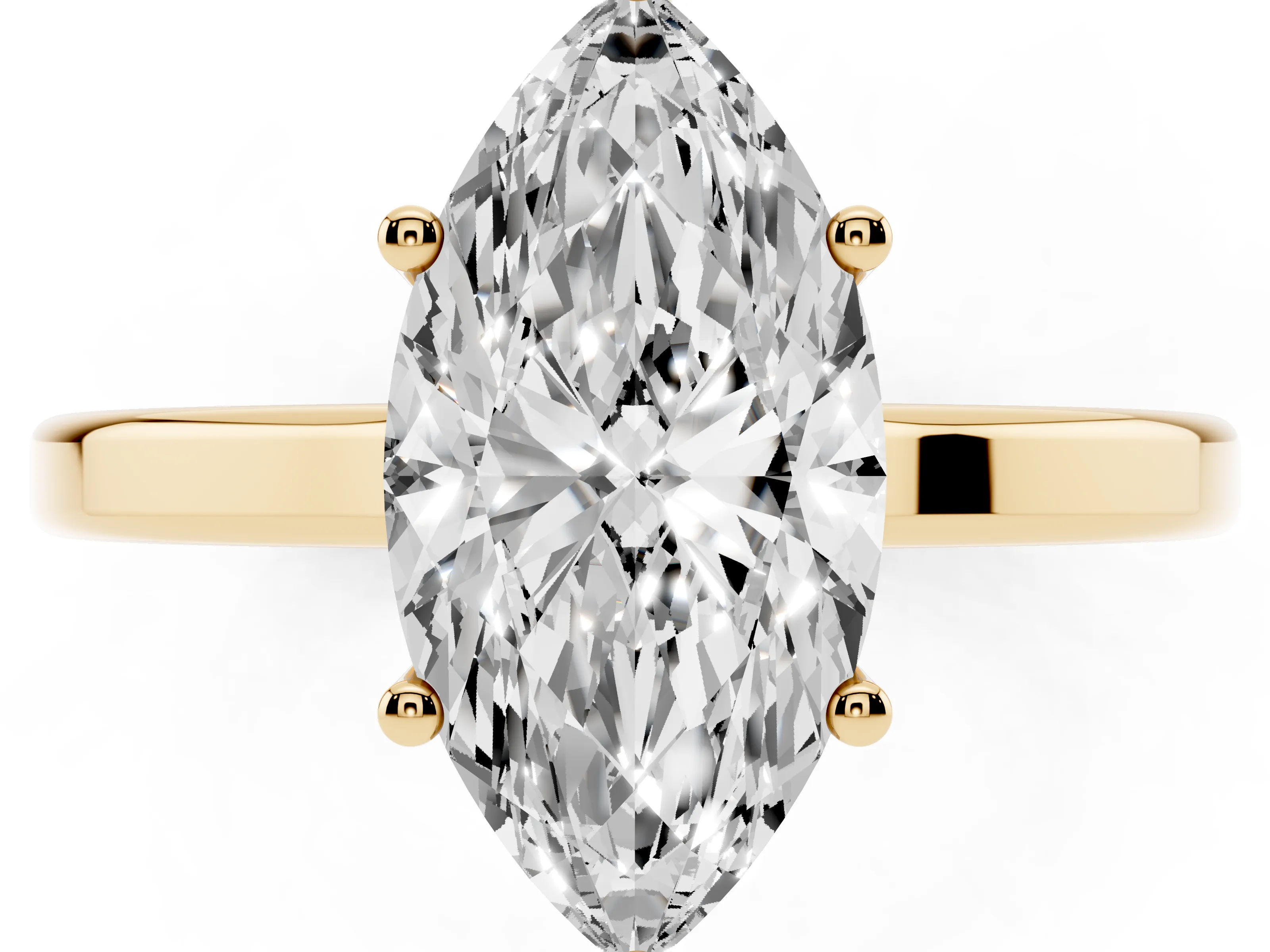 Marquise Cut Diamond Solitaire Engagement Ring Set in Yellow gold with Prong Setting on a Plain Band