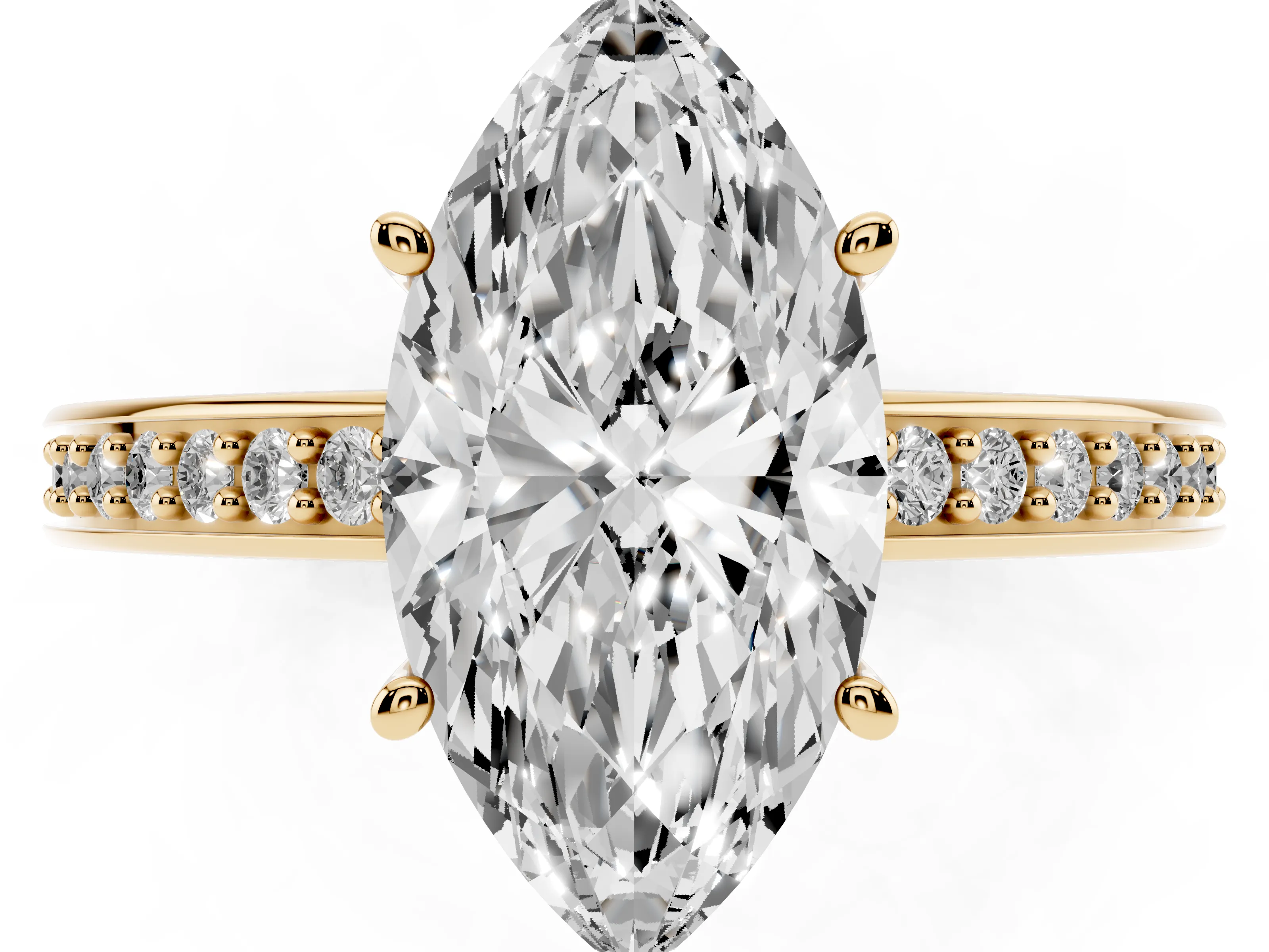Marquise Cut Diamond Pavé Band Prong Set Solitaire Ring Set in Yellow gold