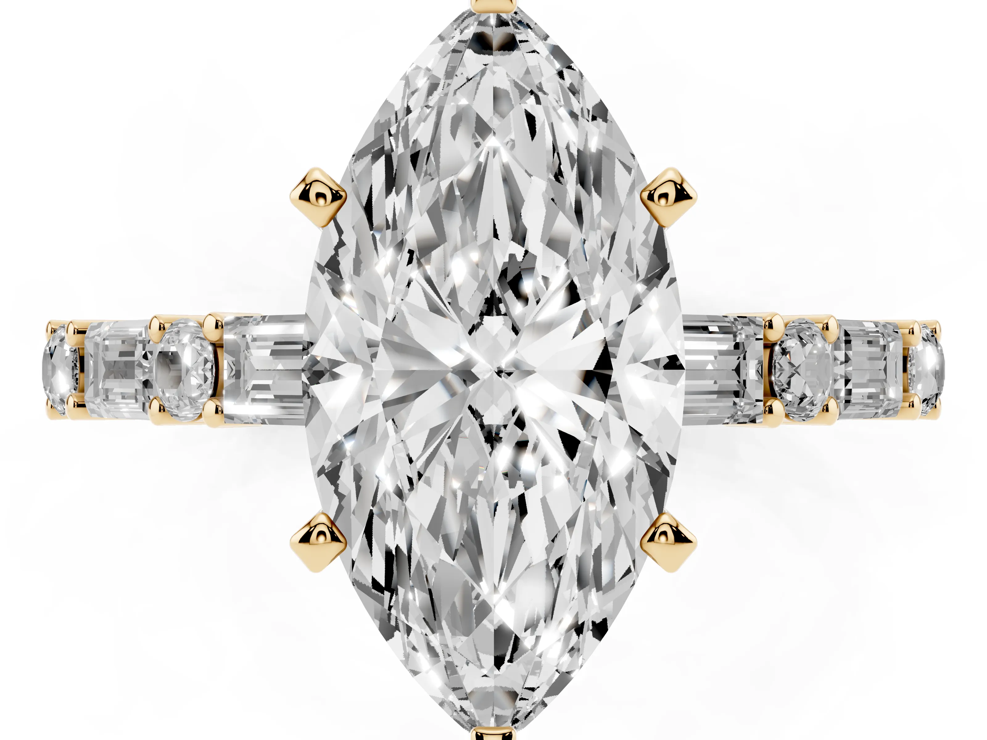 Marquise Cut Diamond Solitaire Set in Yellow gold with Side Baguettes and Channel Set Band
