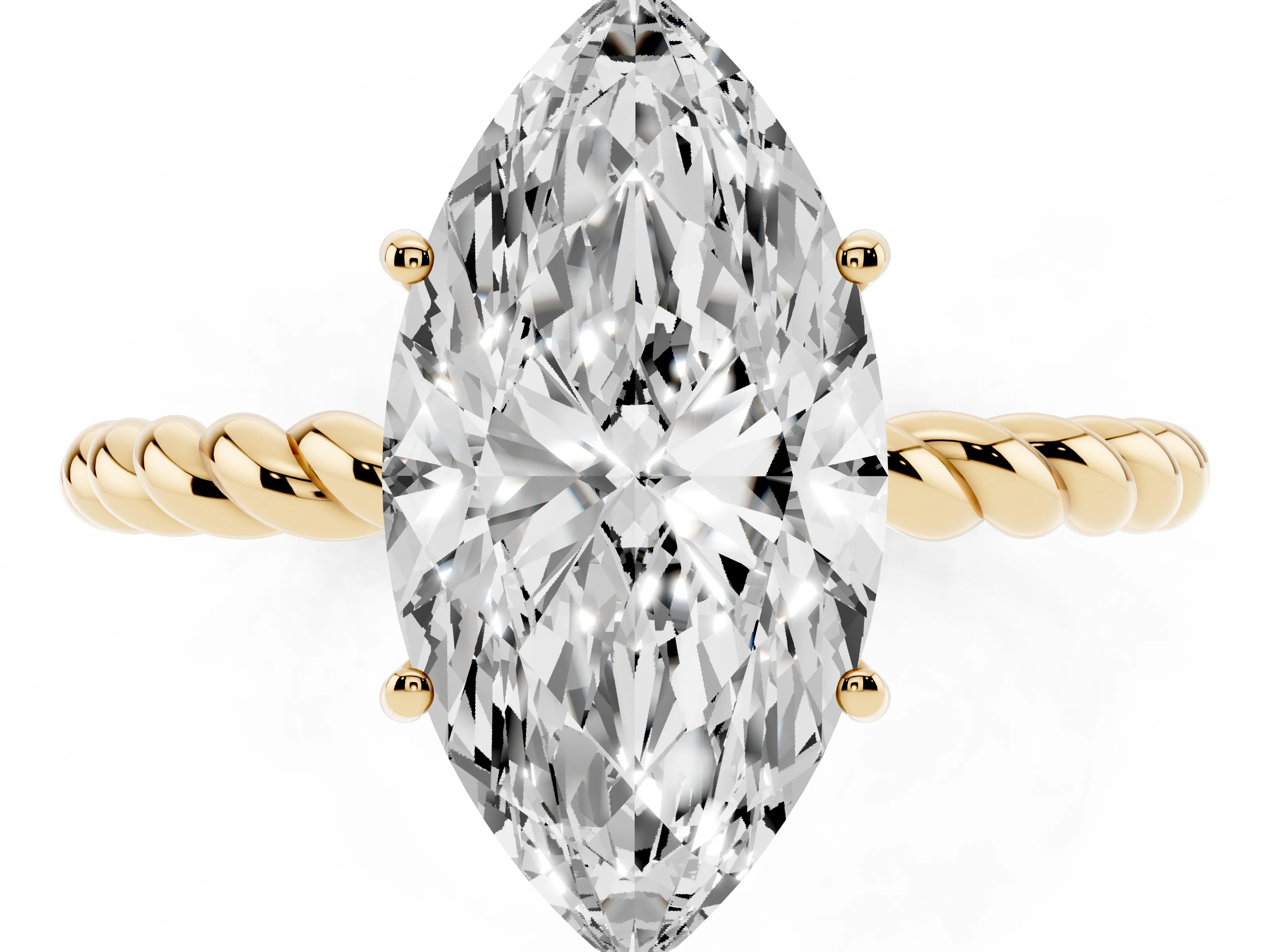 Marquise Cut Diamond Solitaire Ring Set in Yellow gold with Twist Band and Prong Setting