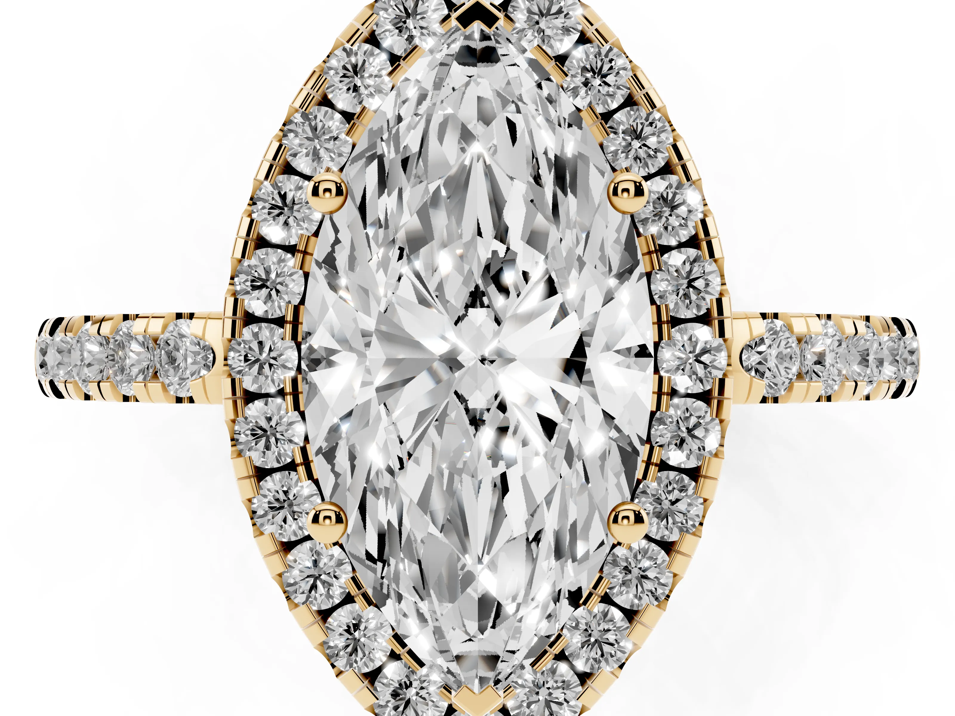 Marquise Cut Diamond Pavé Band Halo Engagement Ring Set in Yellow gold with Prong Setting