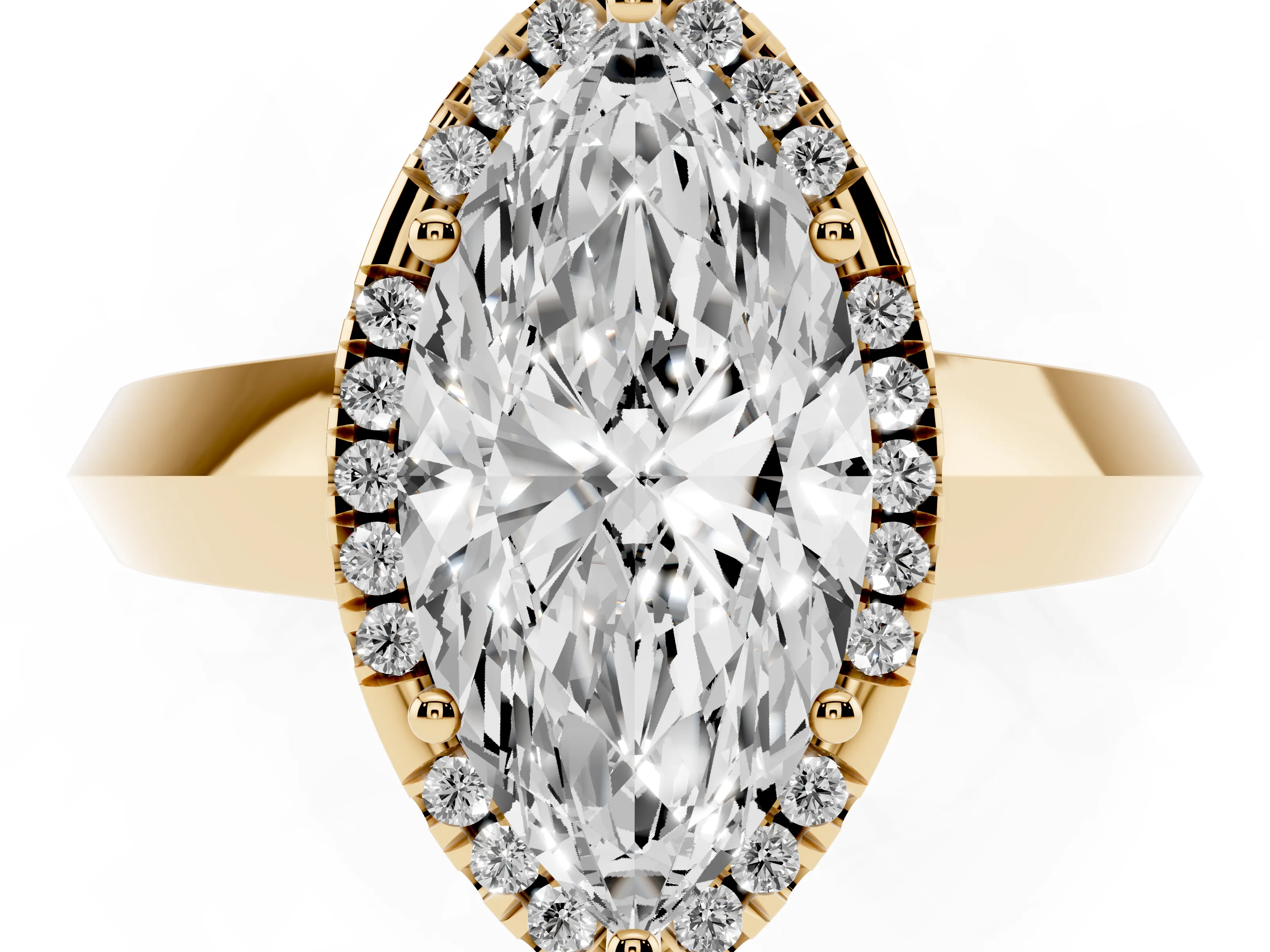 Marquise Cut Diamond Halo Ring Set in Yellow gold with Cathedral Band and Prong Setting