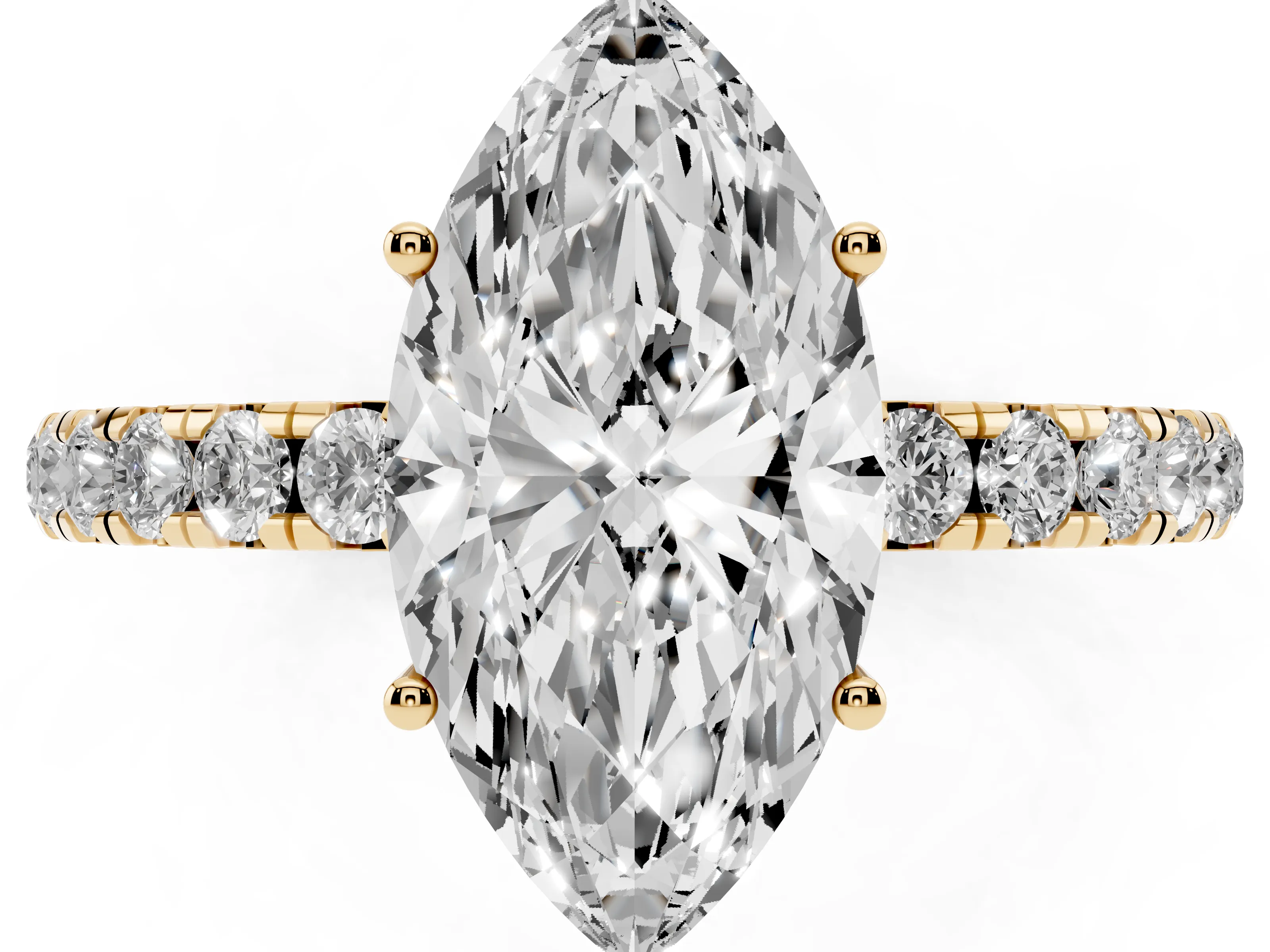 Marquise Cut Diamond Pavé Solitaire Engagement Ring Set in Yellow gold with Prong Setting