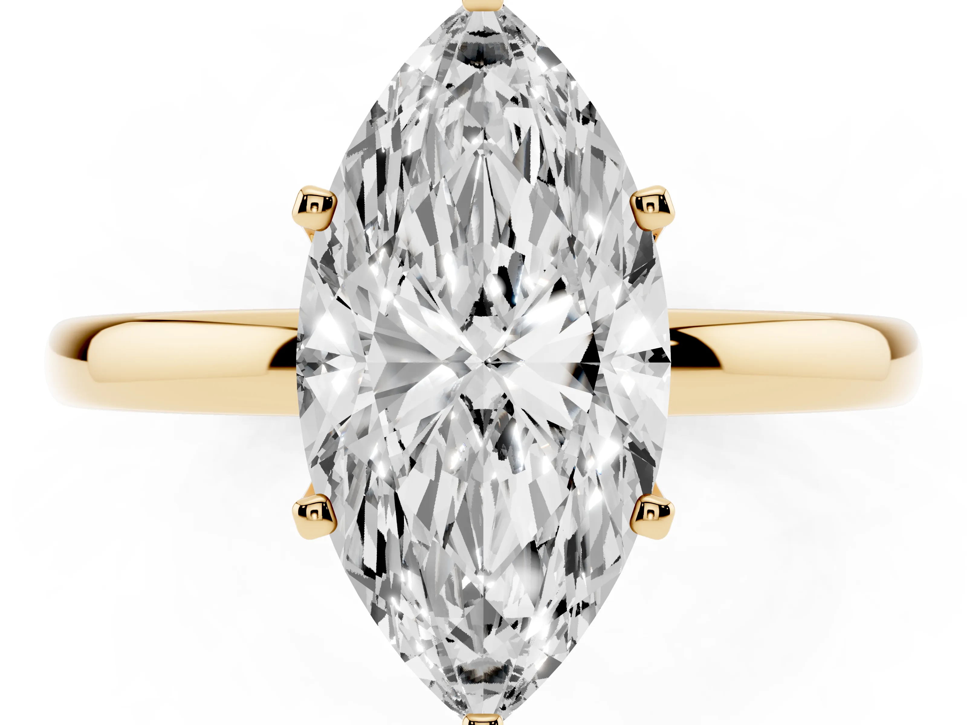 Marquise Cut Diamond Solitaire Ring Set in Yellow gold with Raised Prong Setting on a Classic Band