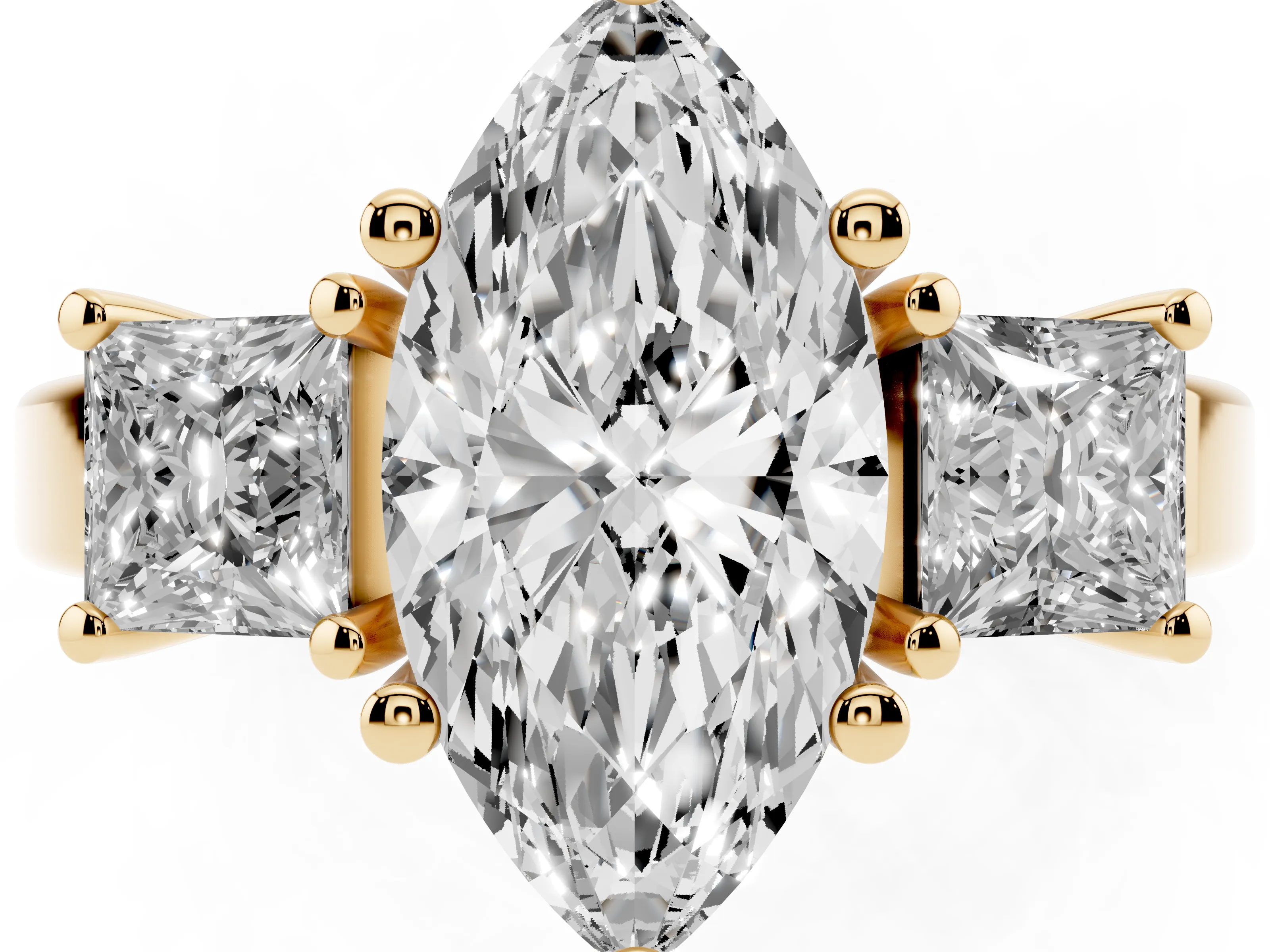 Three-Stone Marquise Cut Diamond Solitaire Ring Set in Yellow gold with Prong Setting