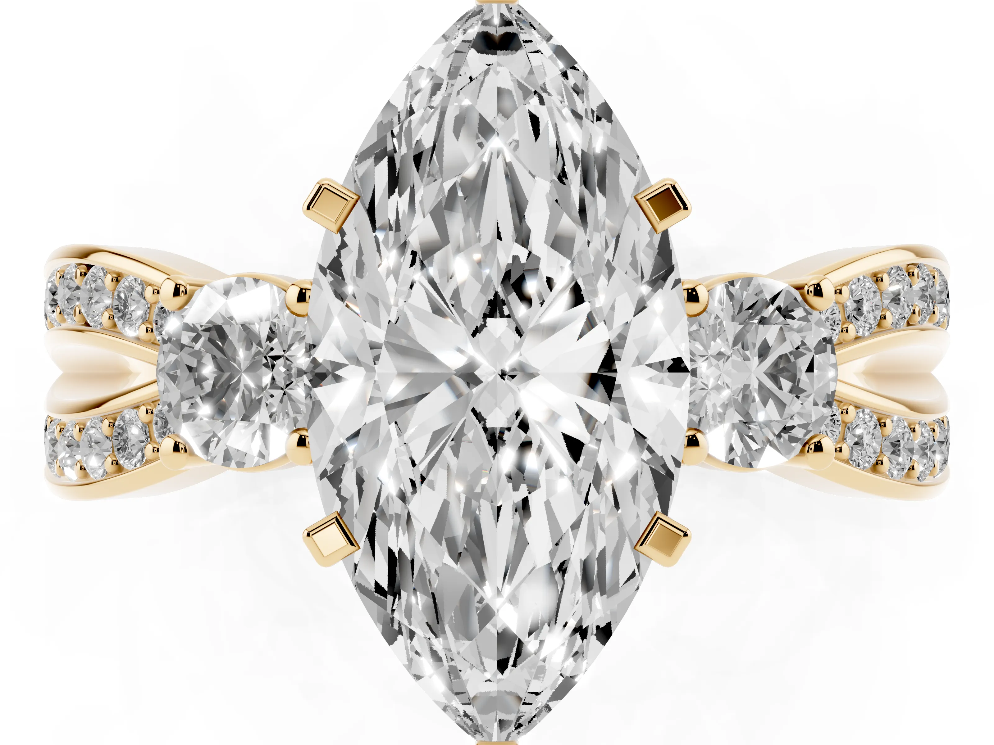 Three-Stone Marquise Cut Diamond Twist Band Ring Set in Yellow gold with Pavé Accents and Prong Setting