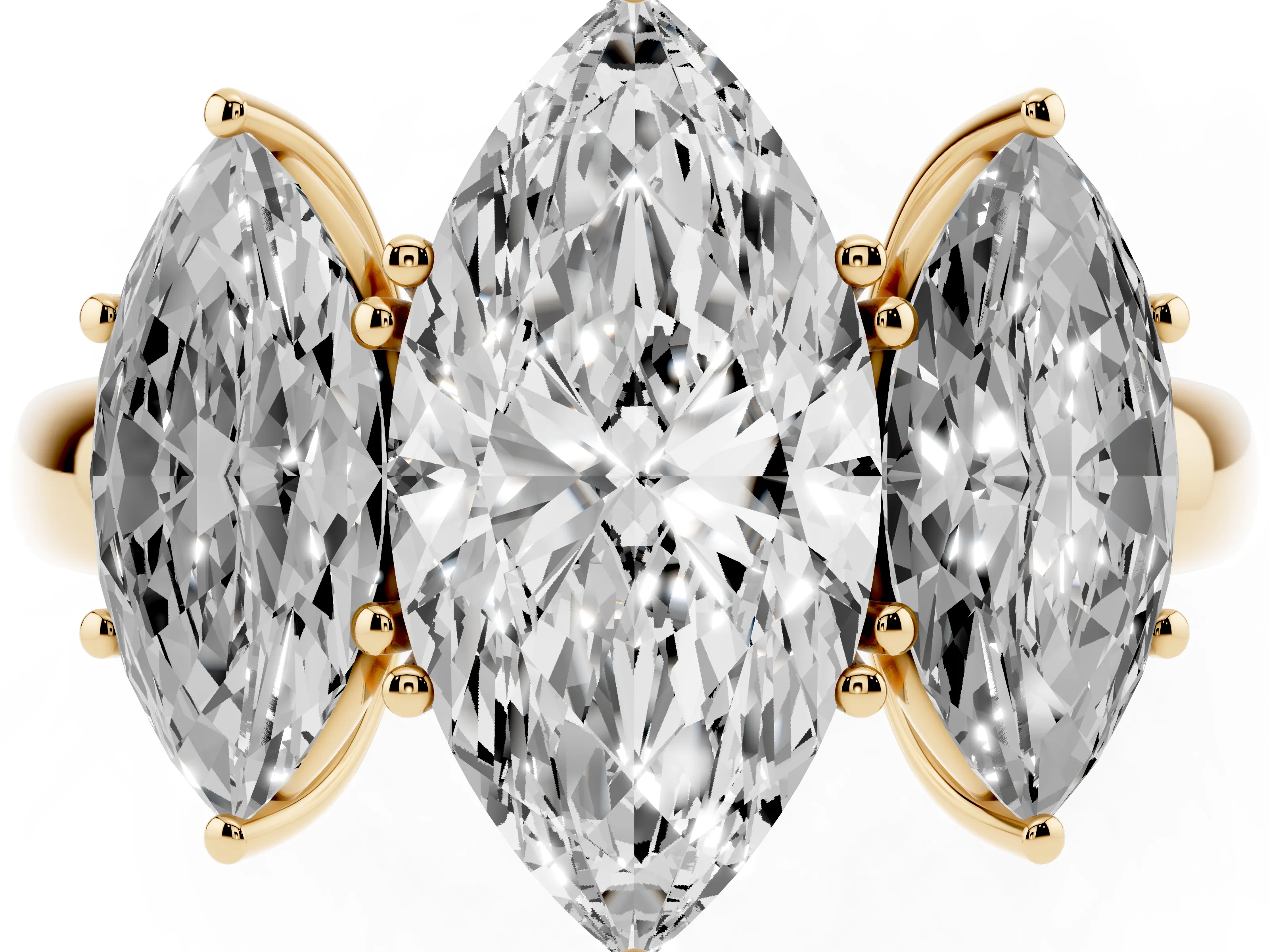 Marquise Cut Diamond Three-Stone Ring Set in Yellow gold with Bold Center and Classic Band