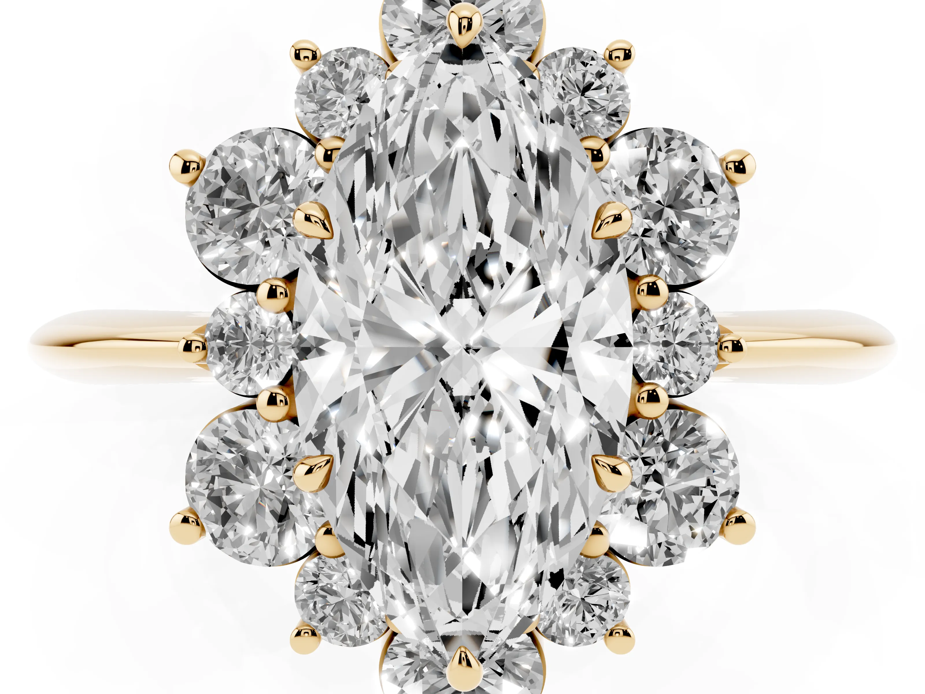 Marquise Cut Diamond Cluster Halo Ring Set in Yellow gold with Solitaire Band and Prong Setting