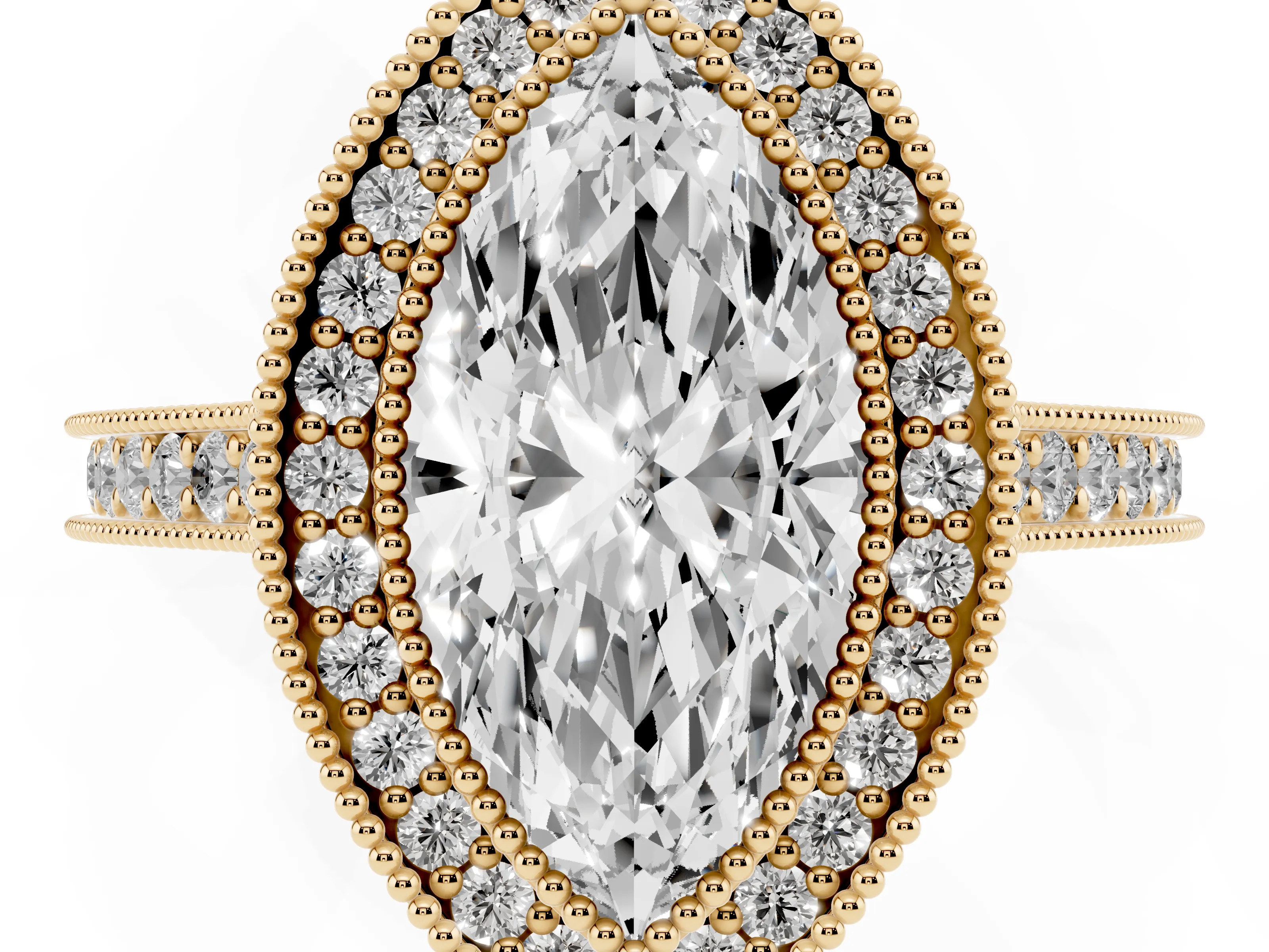 Marquise Cut Diamond Halo Milgrain Pavé Band Ring Set in Yellow gold with Prong Setting