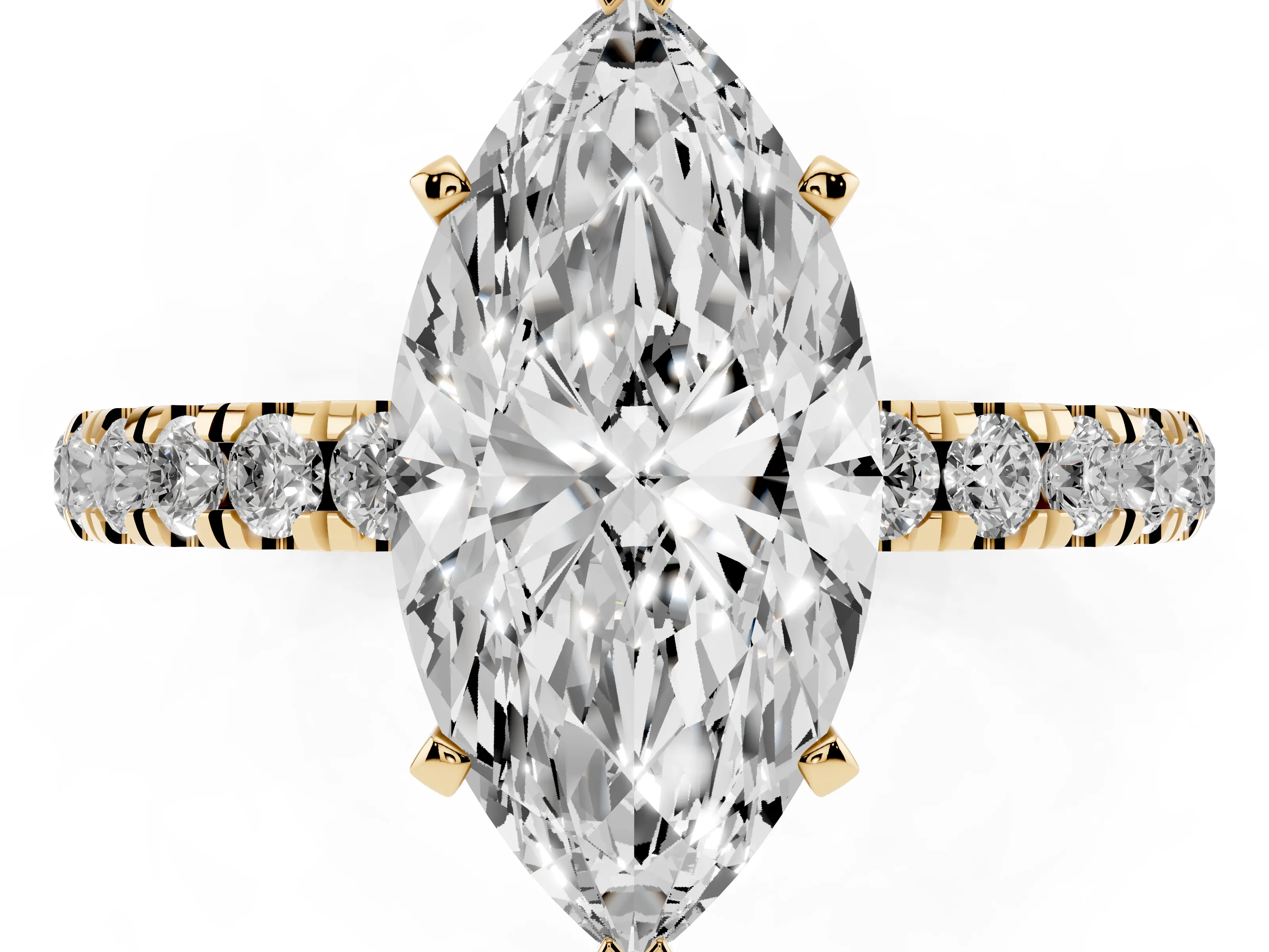 Marquise Cut Diamond Solitaire Ring Set in Yellow gold with Pavé Accents and Prong Setting