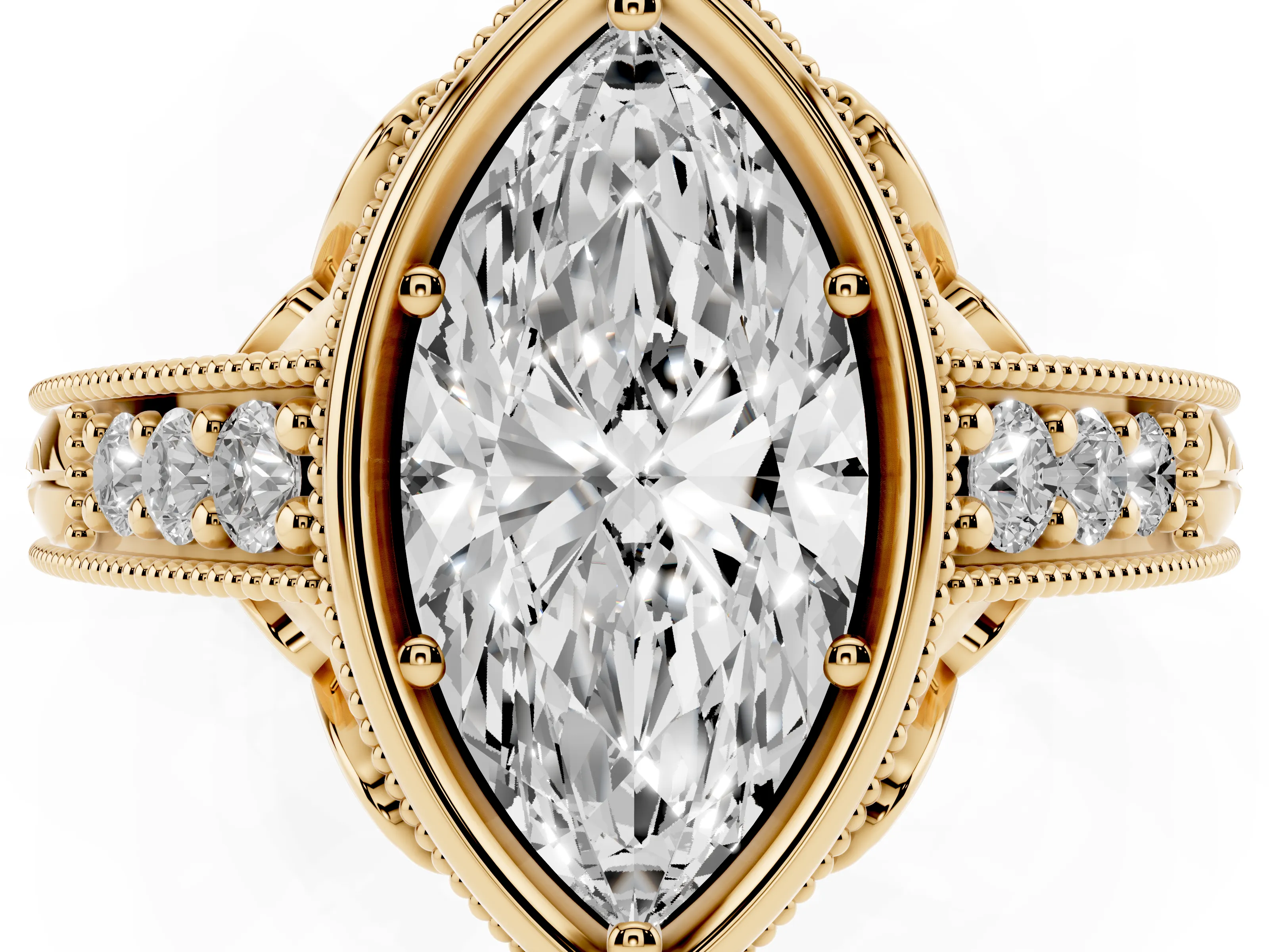 Bezel Set Marquise Cut Diamond Milgrain Pavé Engagement Ring Set in Yellow gold