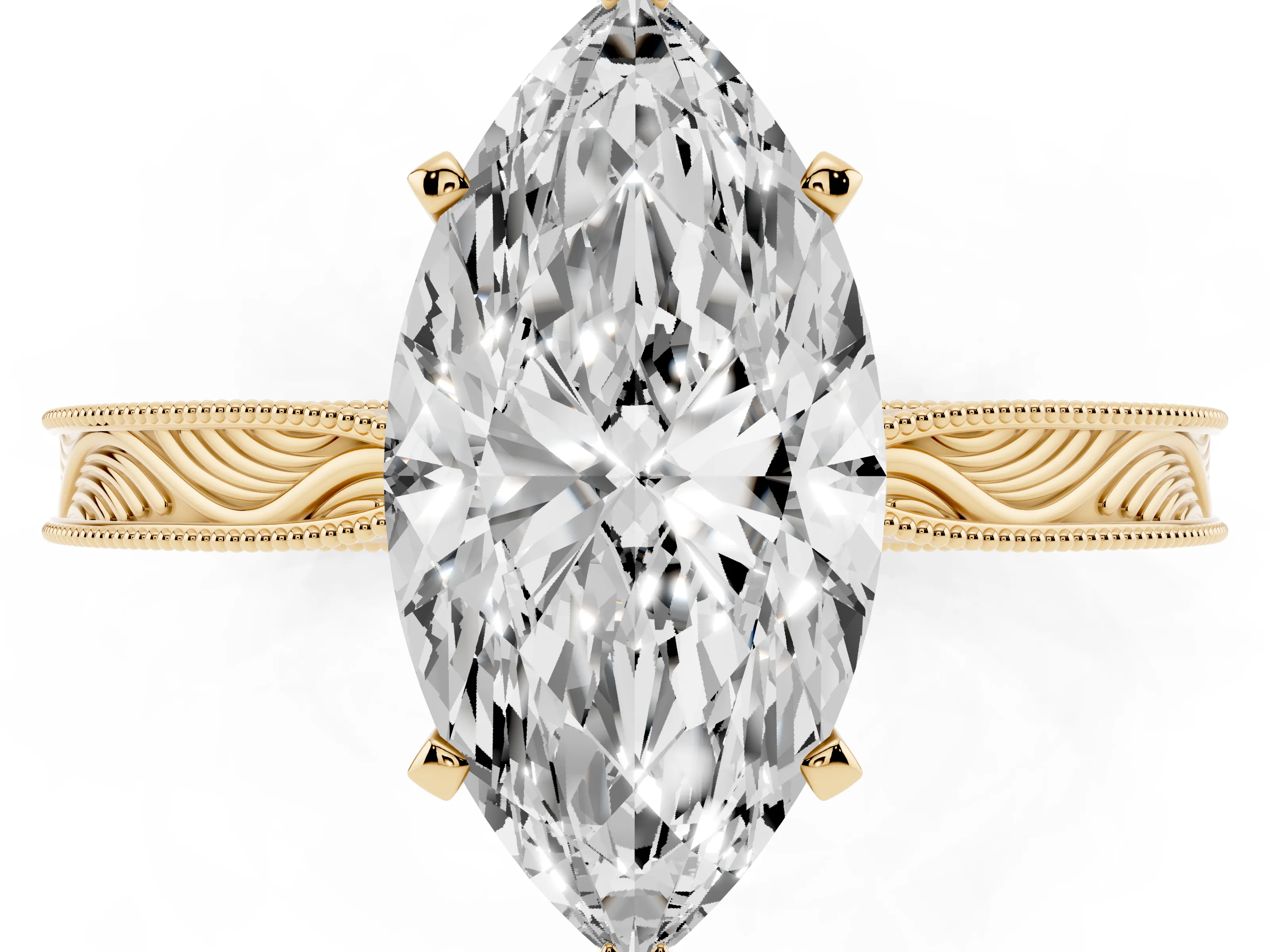Marquise Cut Diamond Solitaire Milgrain Engraved Band Set in Yellow gold with Prong Setting