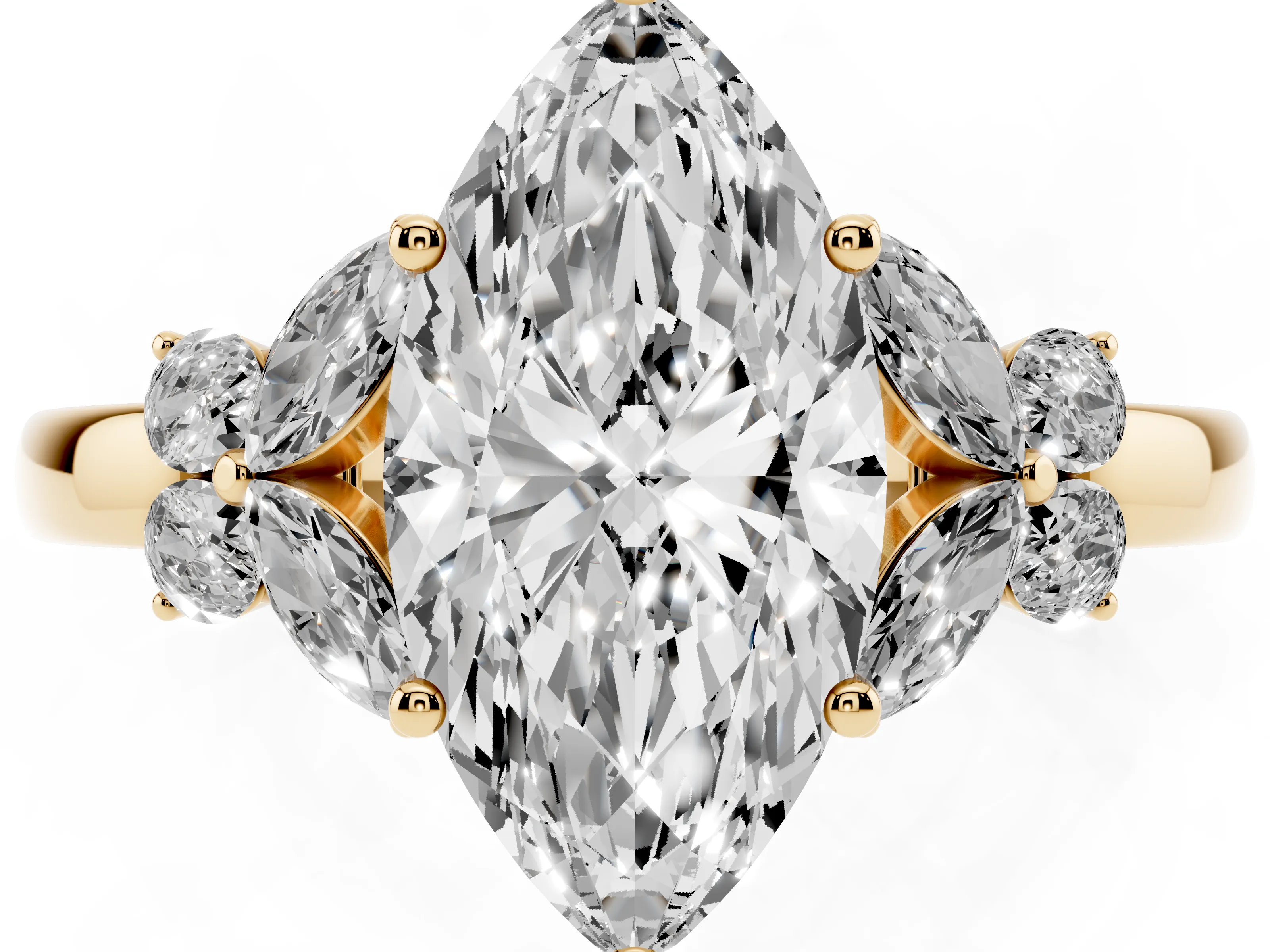 Marquise Cut Diamond Solitaire Floral Ring Set in Yellow gold with Marquise Petals and Prong Setting