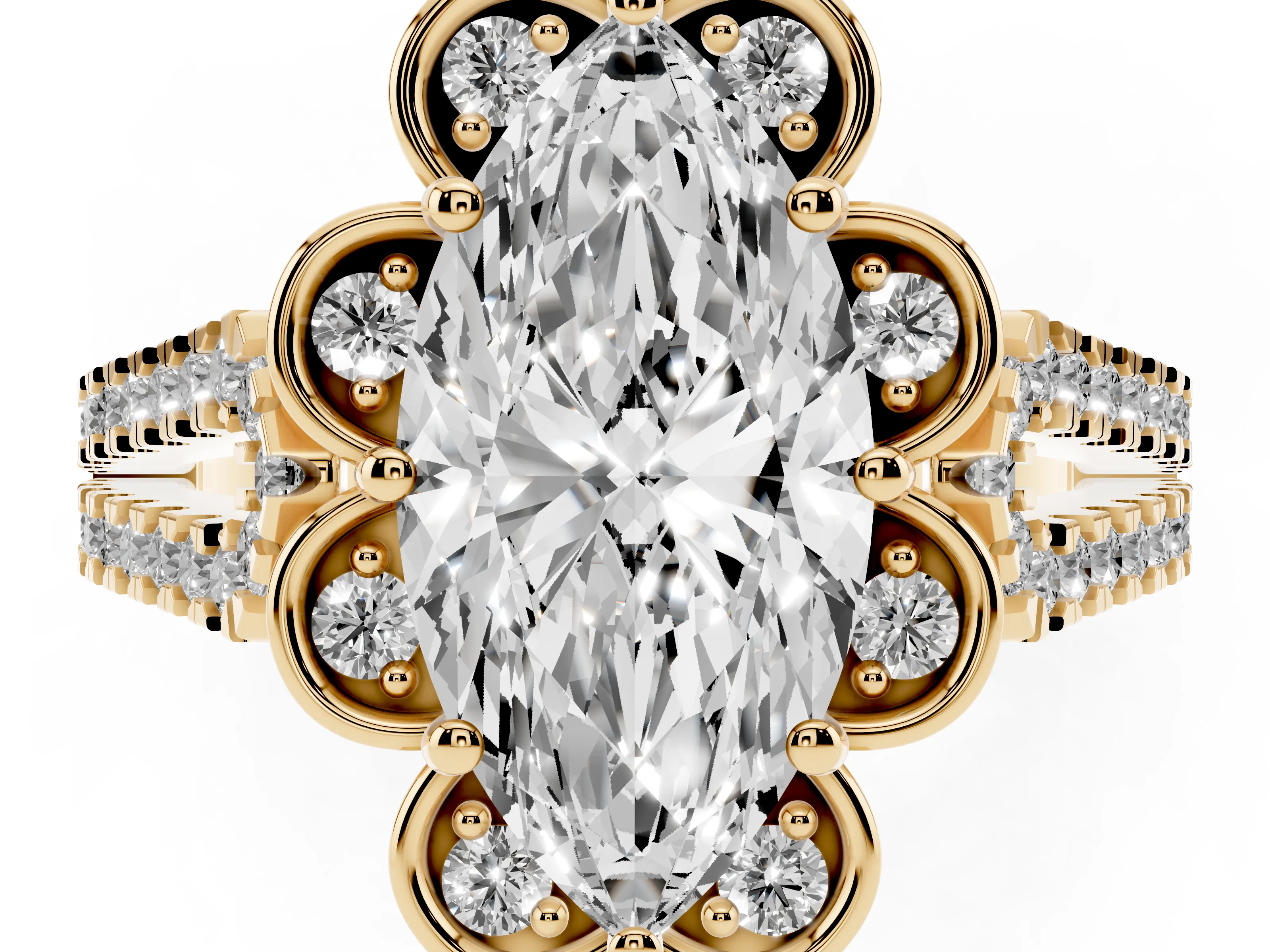 Marquise Cut Diamond Floral Halo Split Shank Engagement Ring Set in Yellow gold with Pavé Shank