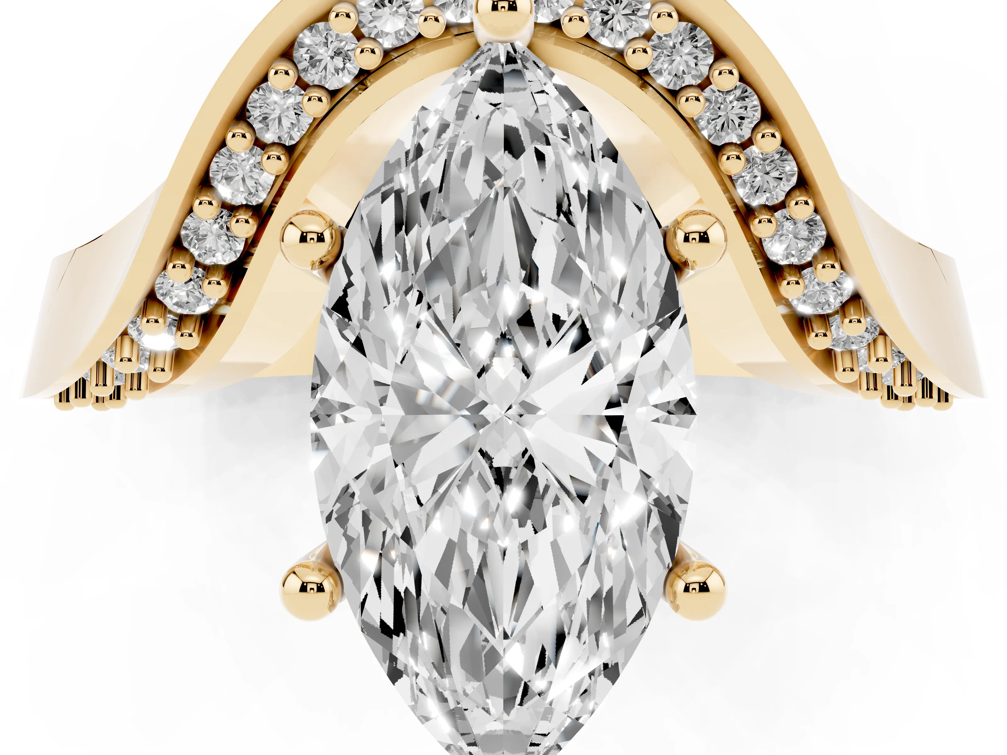 Marquise Cut Diamond Solitaire Engagement Ring Set in Yellow gold with Pavé Shoulders