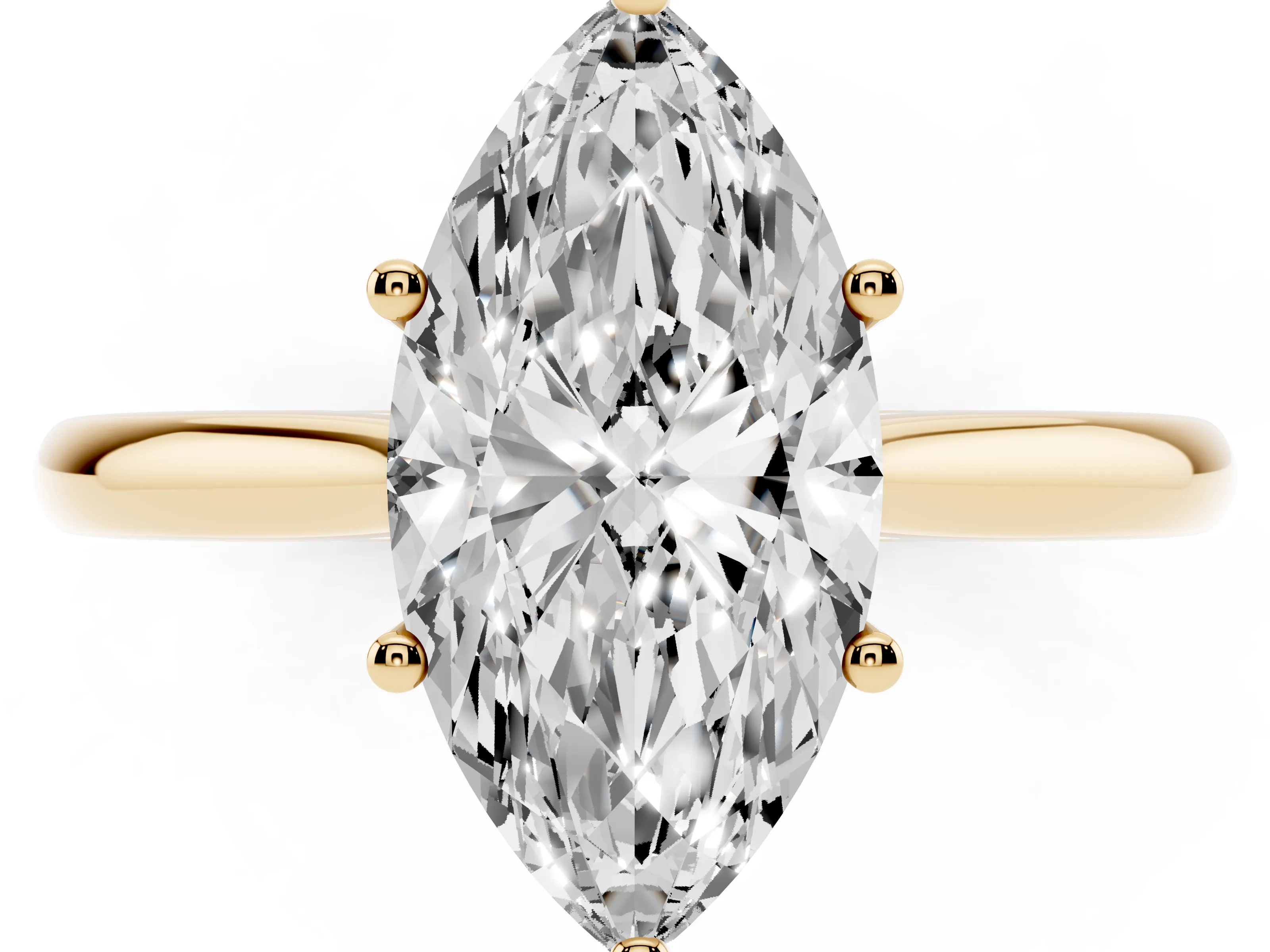 Marquise Cut Diamond Solitaire Ring Set in Yellow gold with Cathedral Band and Prong Setting