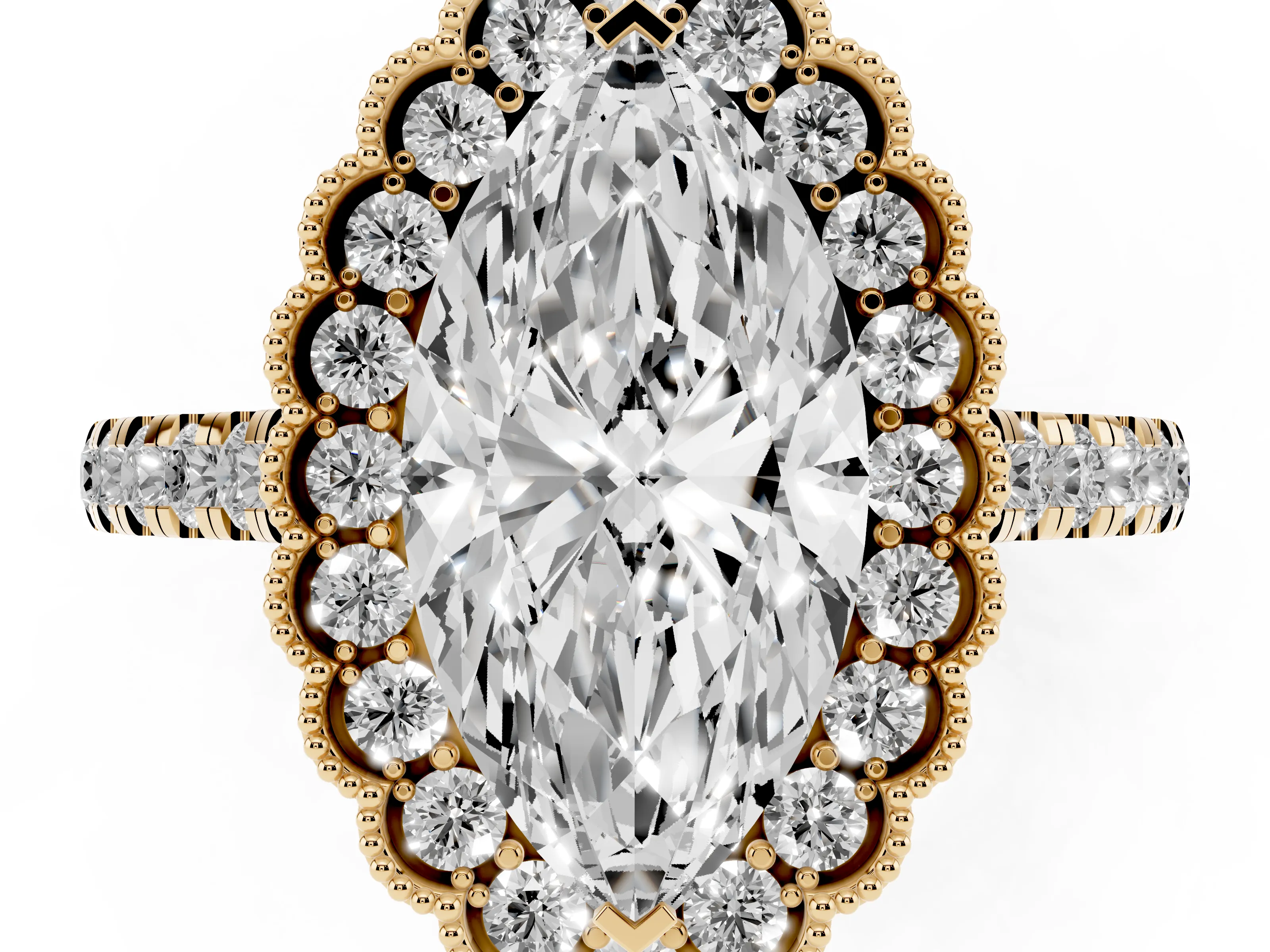Marquise Cut Diamond Milgrain Floral Halo Engagement Ring Set in Yellow gold with Pavé Band