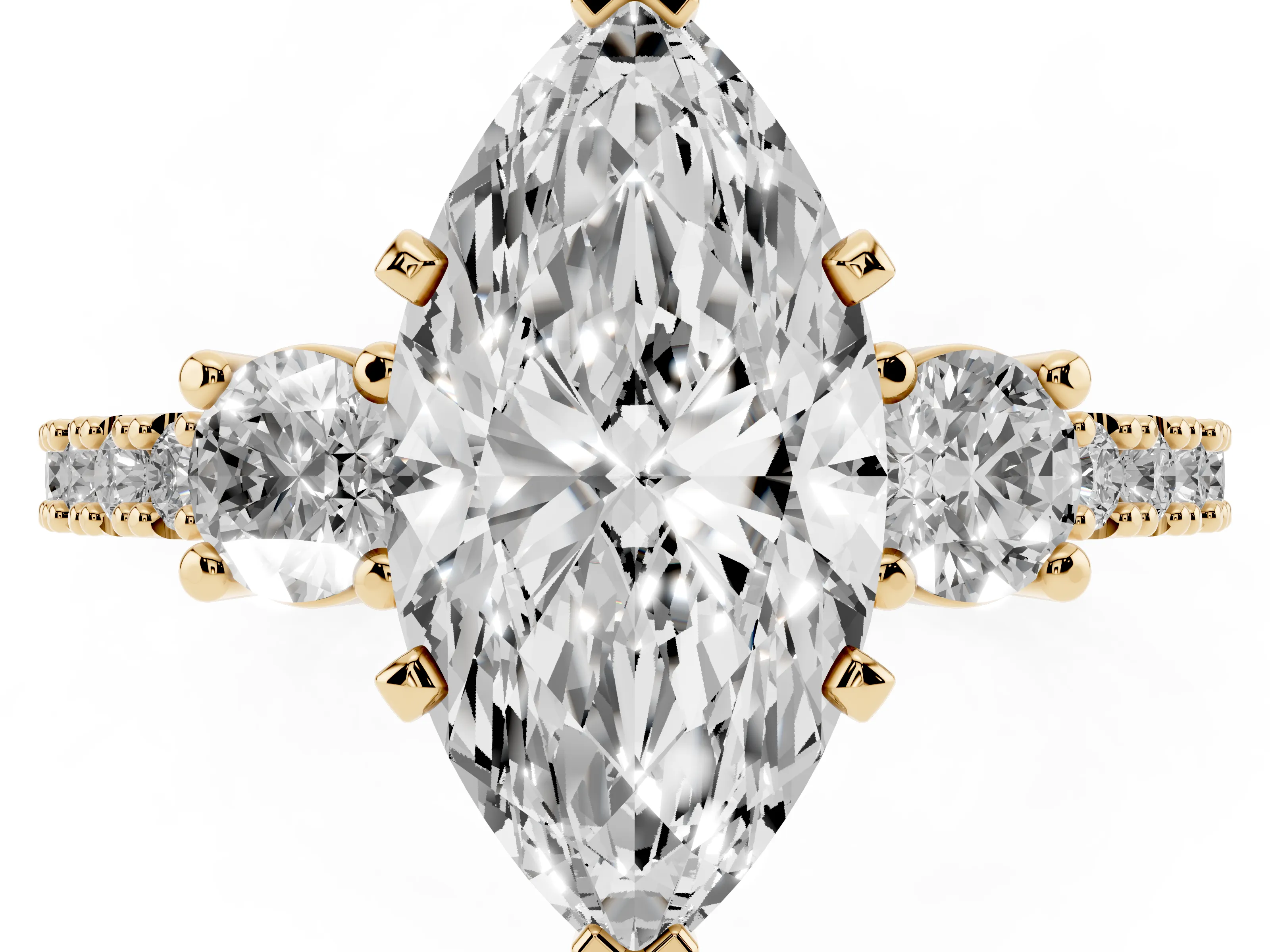 Three-Stone Marquise Cut Diamond Pavé Band Ring Set in Yellow gold with Prong Setting