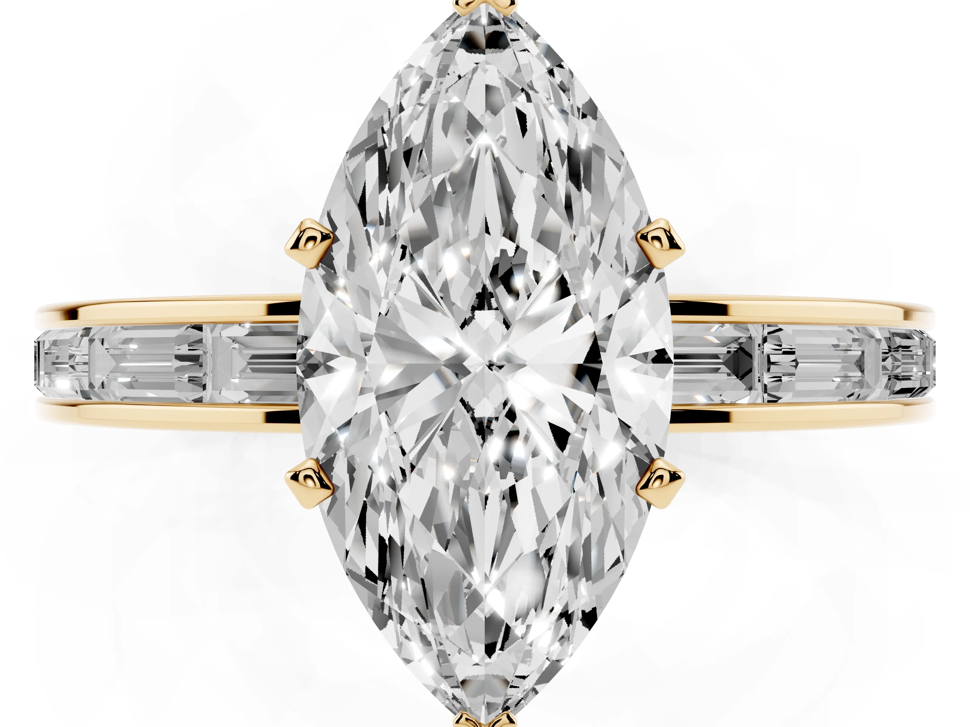 Marquise Cut Diamond Solitaire Ring Set in Yellow gold with Channel-Set Baguette Band and Prong Setting