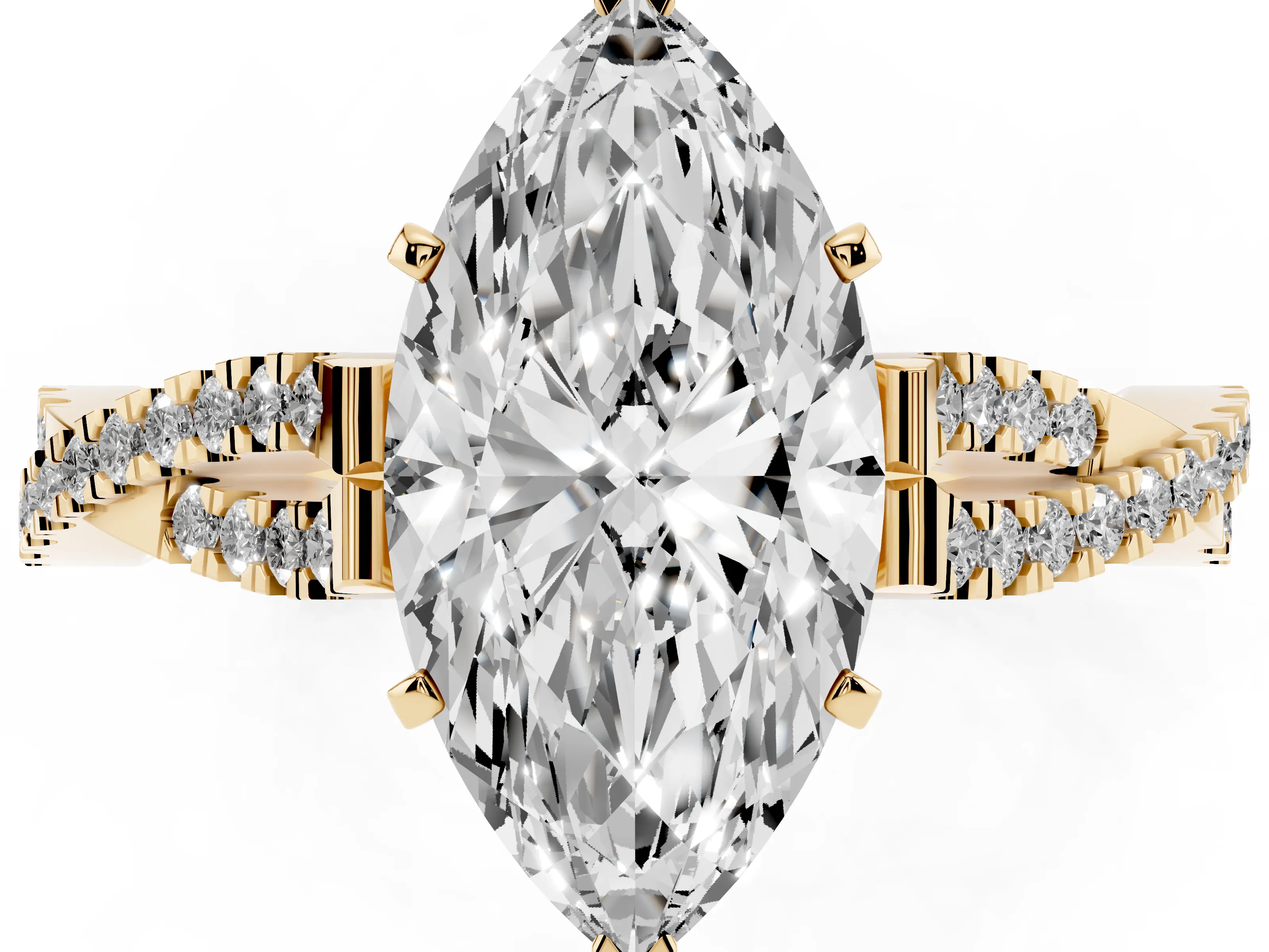 Marquise Cut Diamond Solitaire Engagement Ring Set in Yellow gold with Twisted Pavé Band and Prong Setting