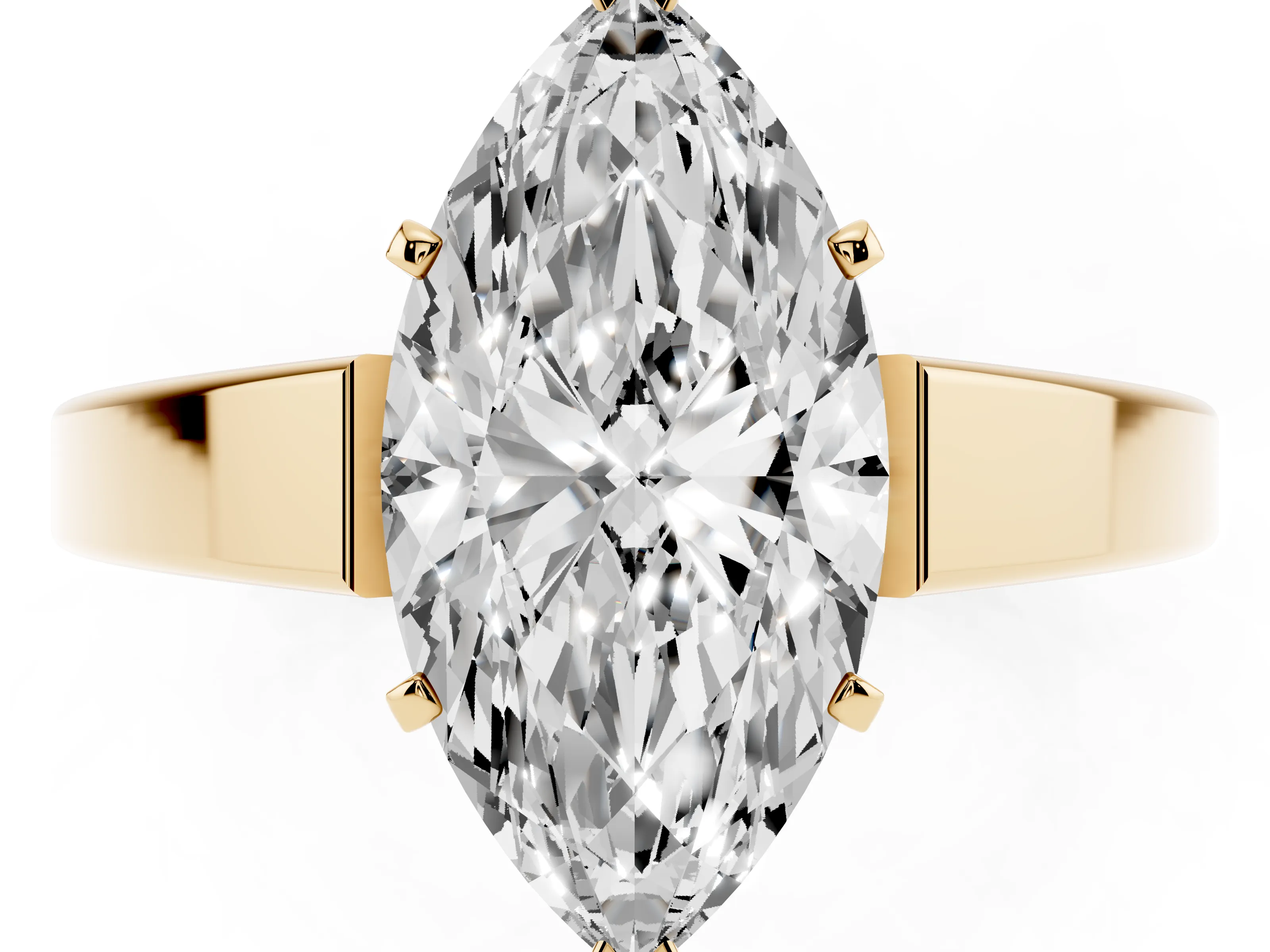 Marquise Cut Diamond Solitaire Engagement Ring Set in Yellow gold with Prong Setting and Tapered Band
