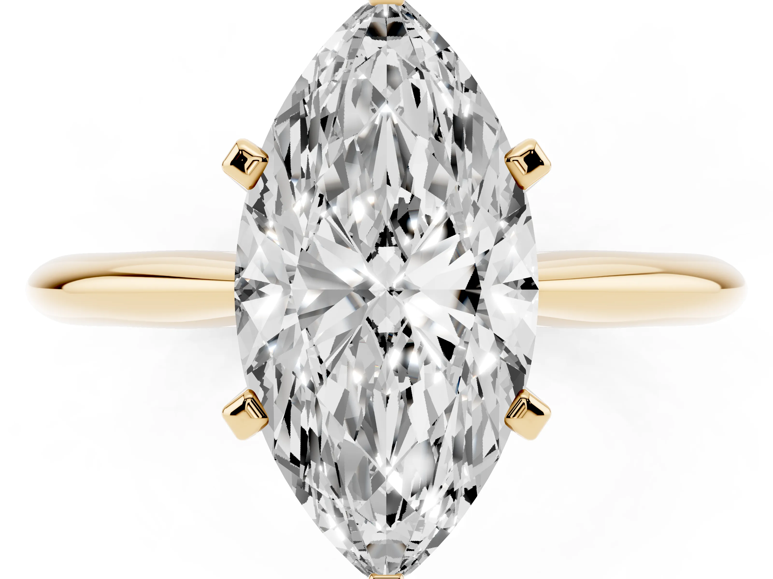 Marquise Cut Diamond Solitaire Ring Set in Yellow gold with Prong Setting on a Plain Round Band