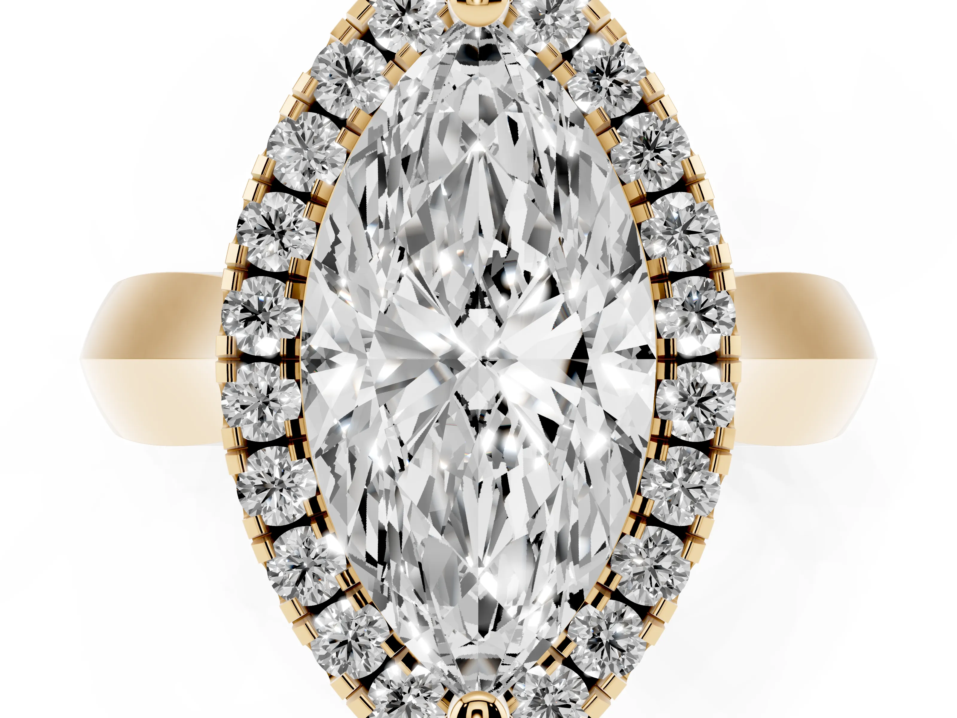 Marquise Cut Diamond Halo Solitaire Engagement Ring Set in Yellow gold with Square Band and Prong Setting