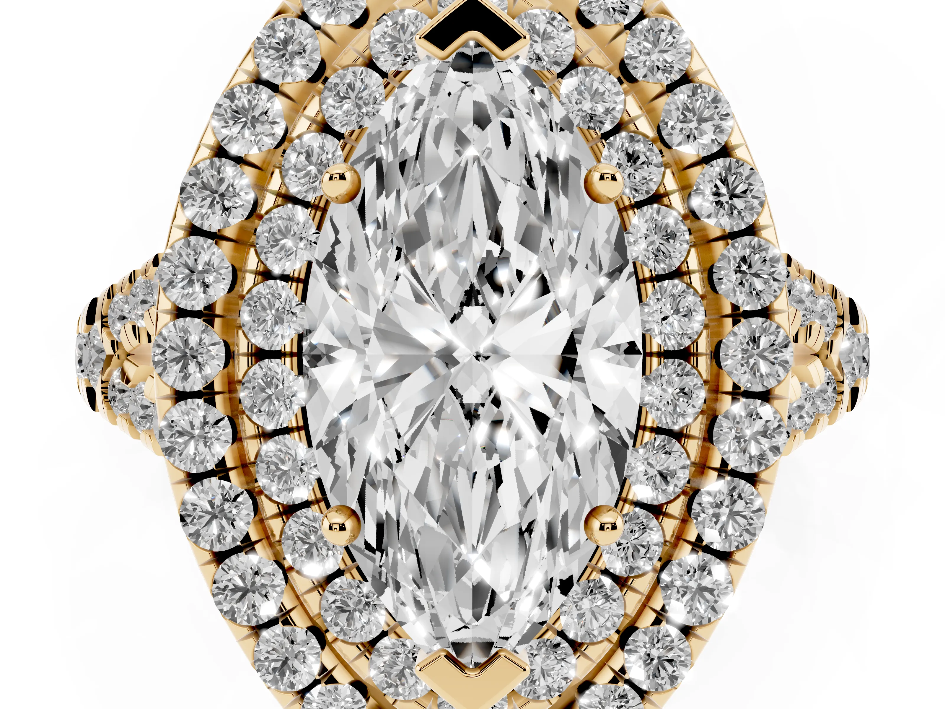Marquise Cut Diamond Double Halo Ring Set in Yellow gold with Pavé Split Shank and Prong Setting