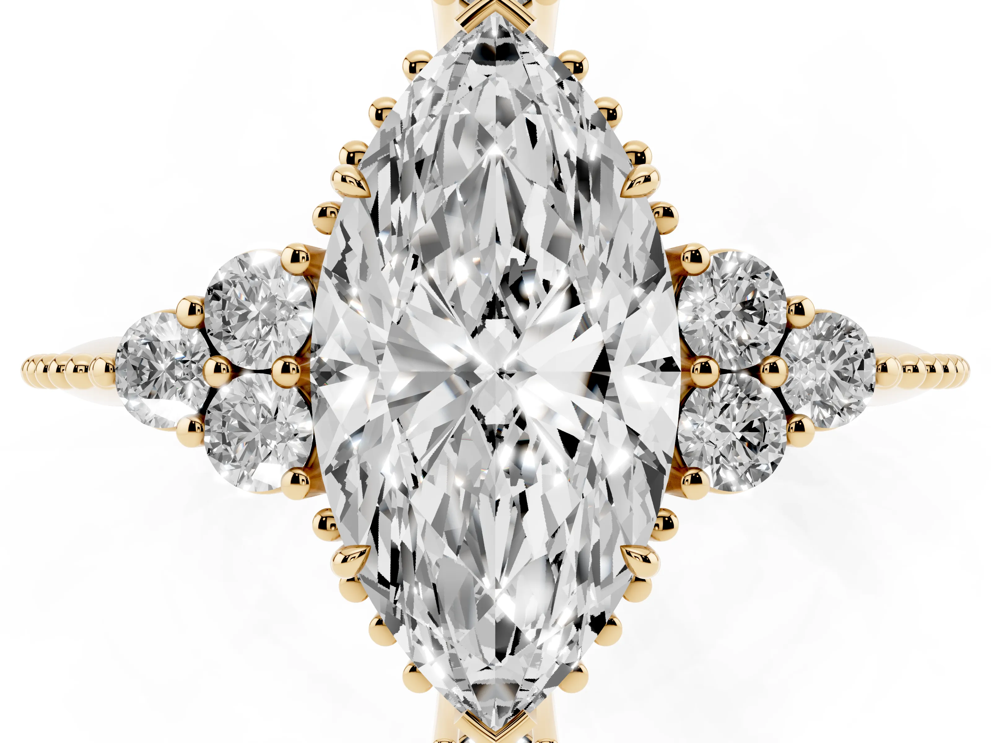 Marquise Cut Diamond Cluster Ring Set in Yellow gold with Beaded Band