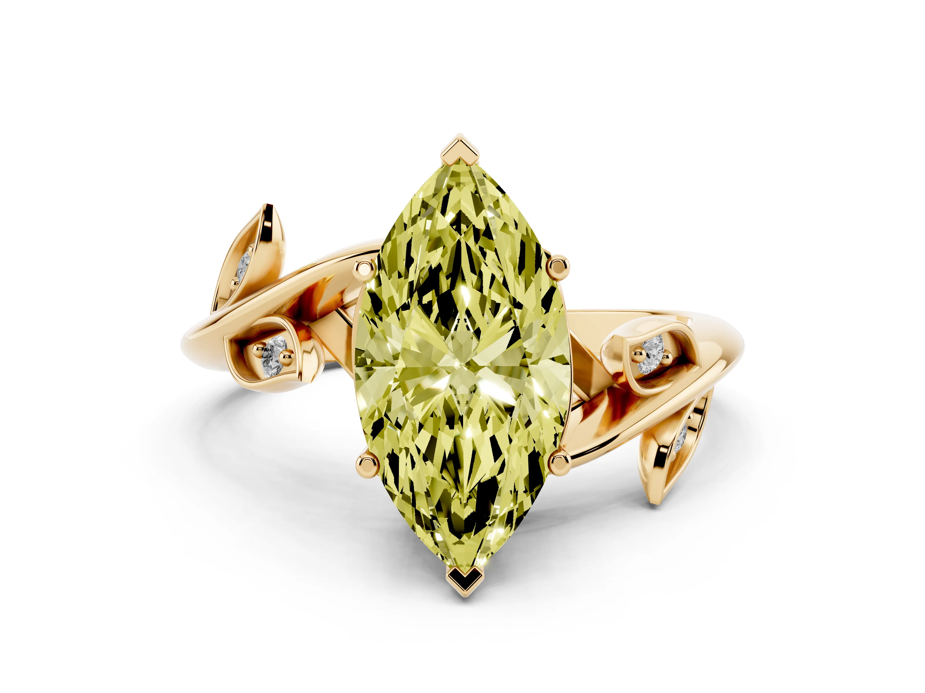 Fancy Yellow Marquise Cut Diamond Solitaire Twist Engagement Ring Set in Yellow gold with Pavé Leaf Accents