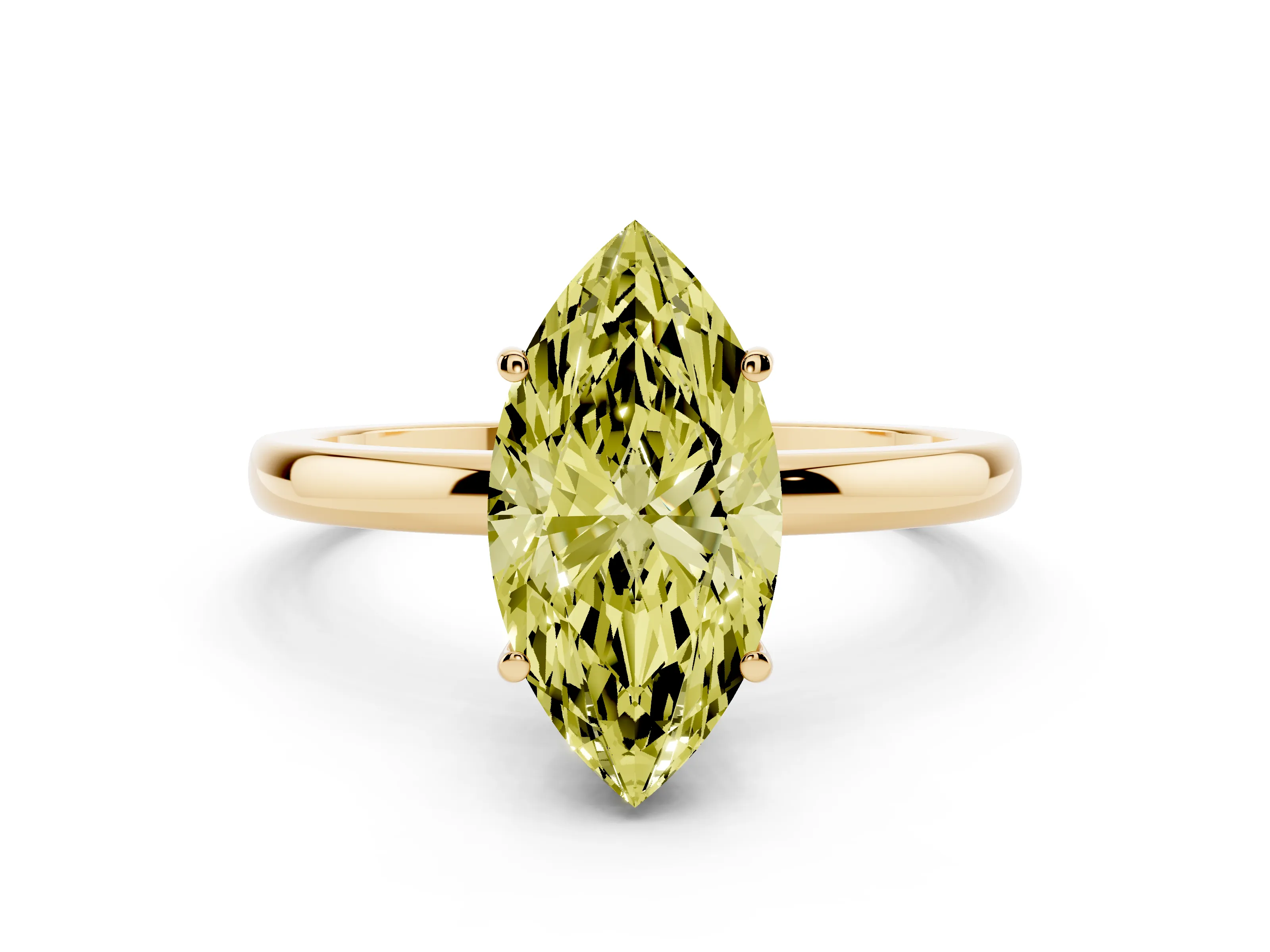 Fancy Yellow Marquise Cut Diamond Solitaire Ring Set in Yellow gold with Plain Band and Prong Setting