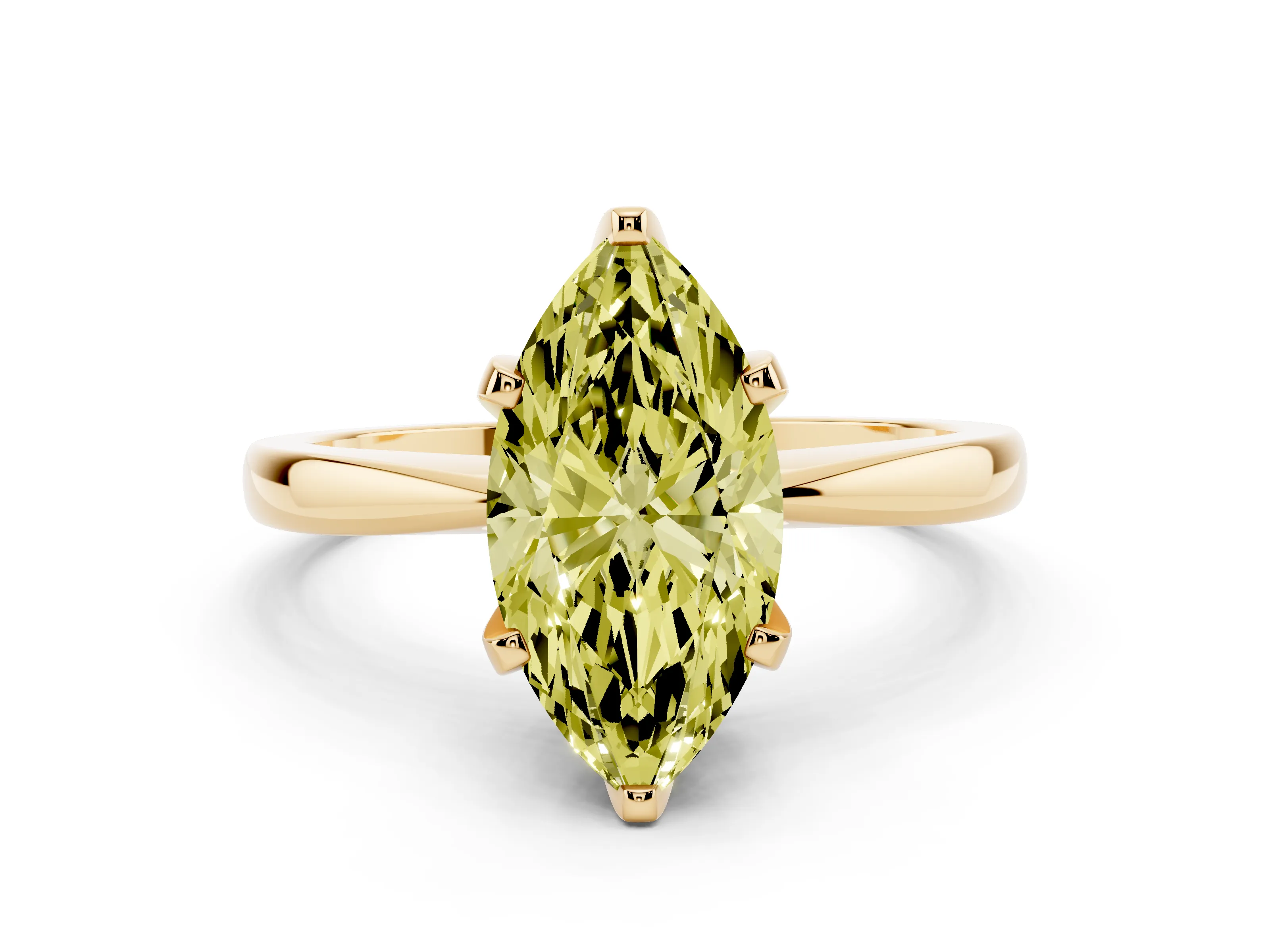 Fancy Yellow Marquise Cut Diamond Solitaire Engagement Ring Set in Yellow gold with Slim Tapered Solitaire Band