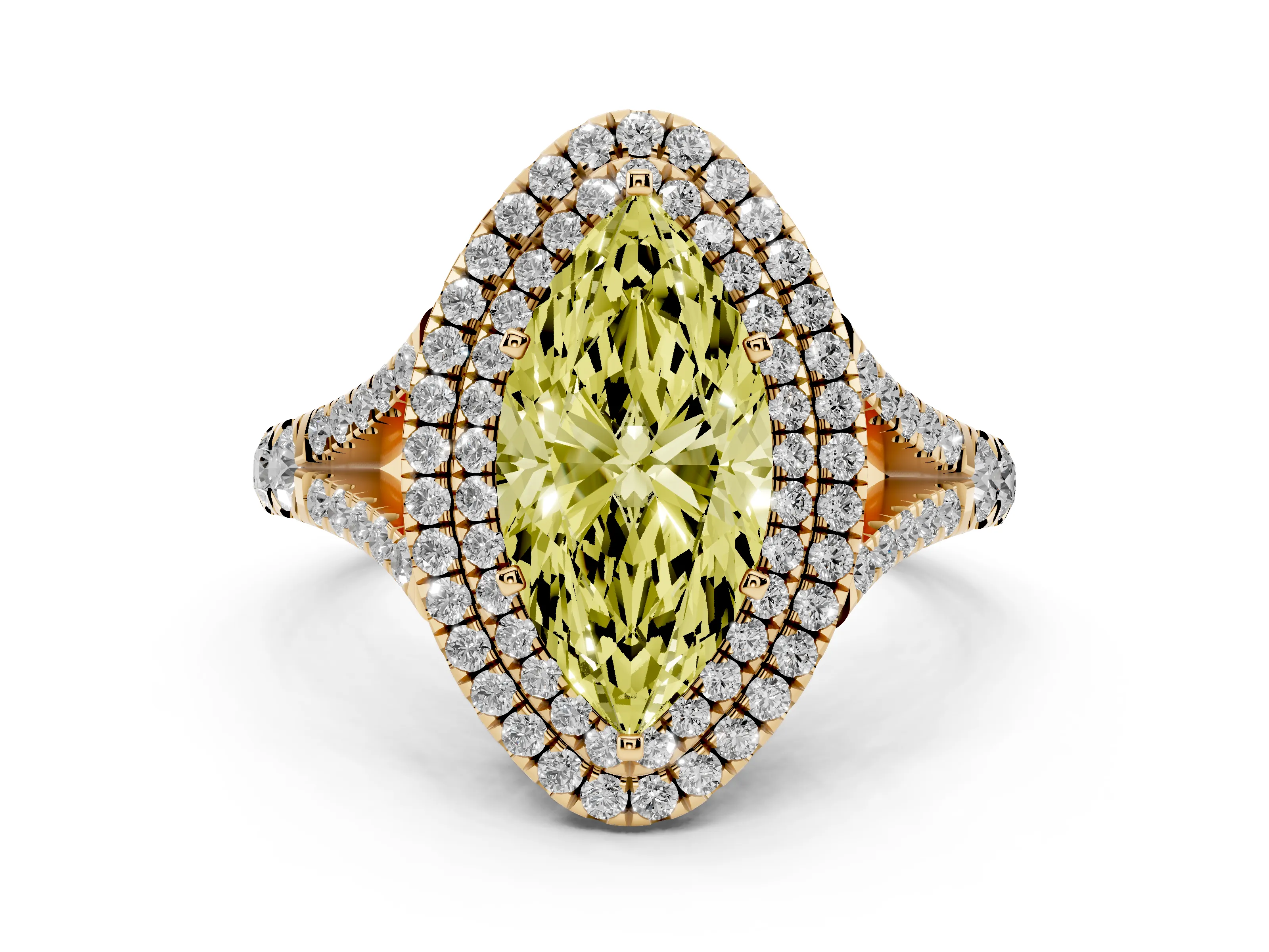 Fancy Yellow Marquise Cut Diamond Pavé Split Shank Double Halo Engagement Ring Set in Yellow gold
