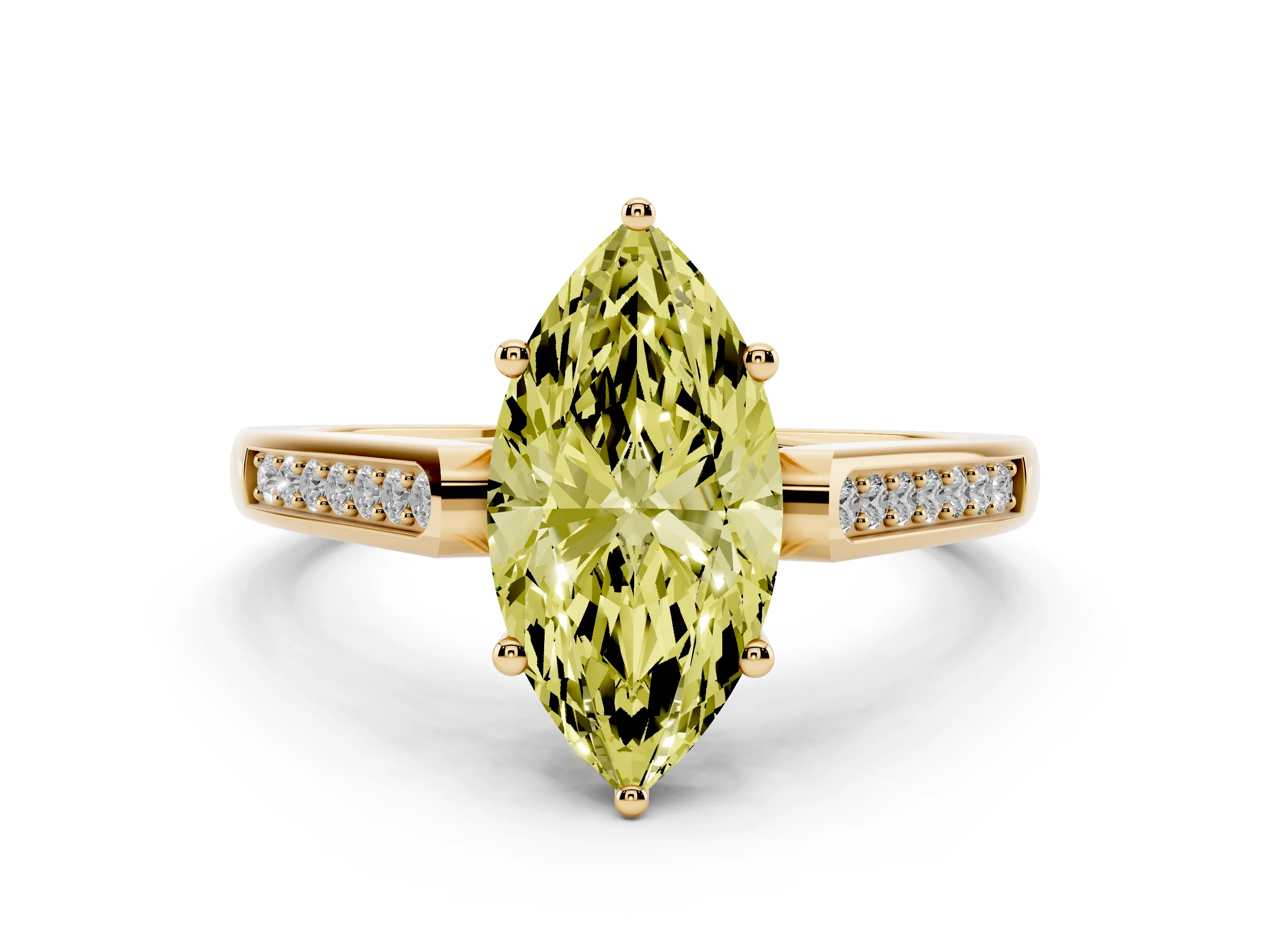 Fancy Yellow Marquise Cut Diamond Solitaire Cathedral Engagement Ring Set in Yellow gold with Channel-Set Band and Prong Setting