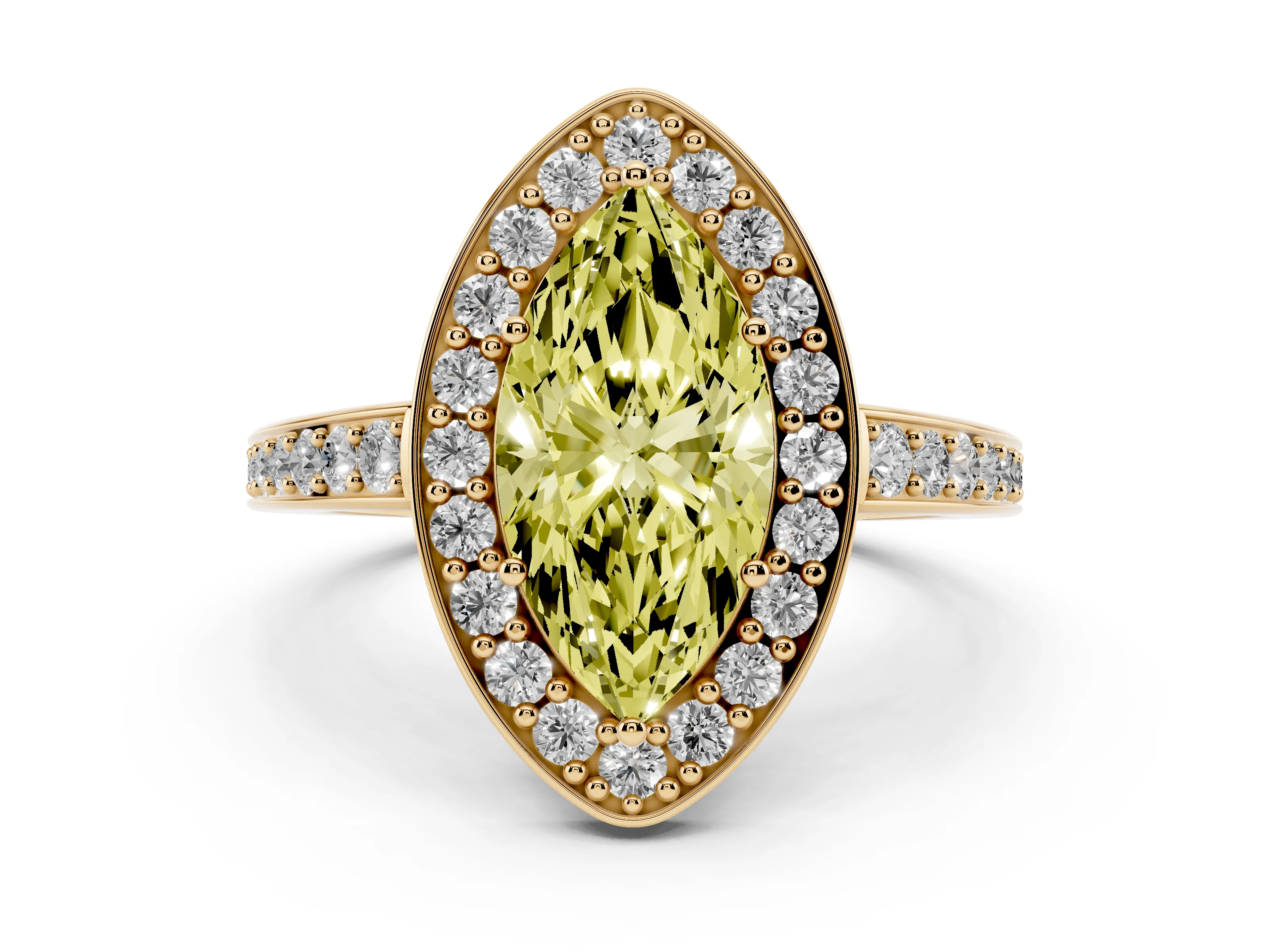Fancy Yellow Marquise Cut Diamond Halo Pavé Engagement Ring Set in Yellow gold with Bezel Setting