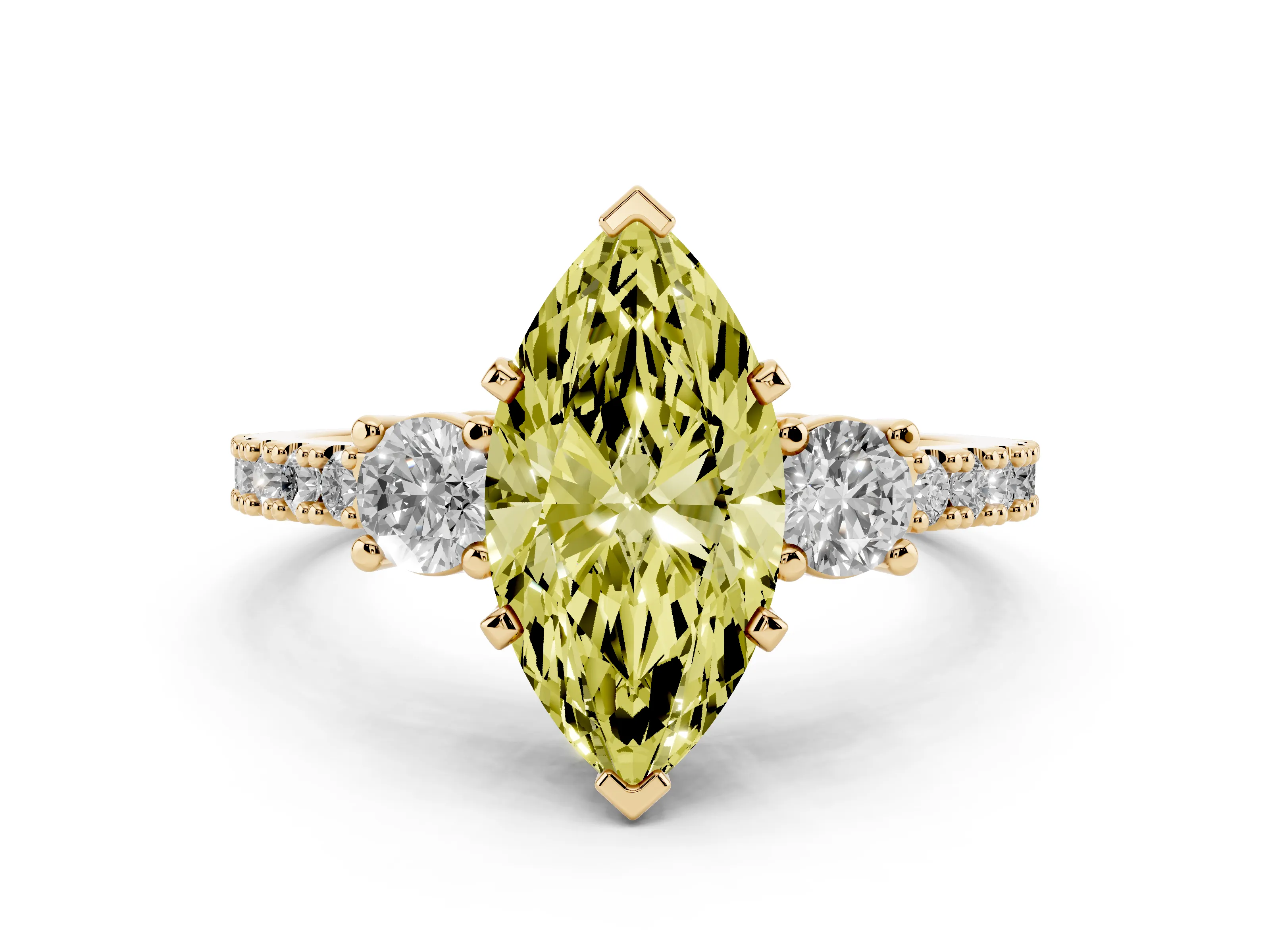 Fancy Yellow Three-Stone Marquise Cut Diamond Pavé Band Ring Set in Yellow gold with Prong Setting