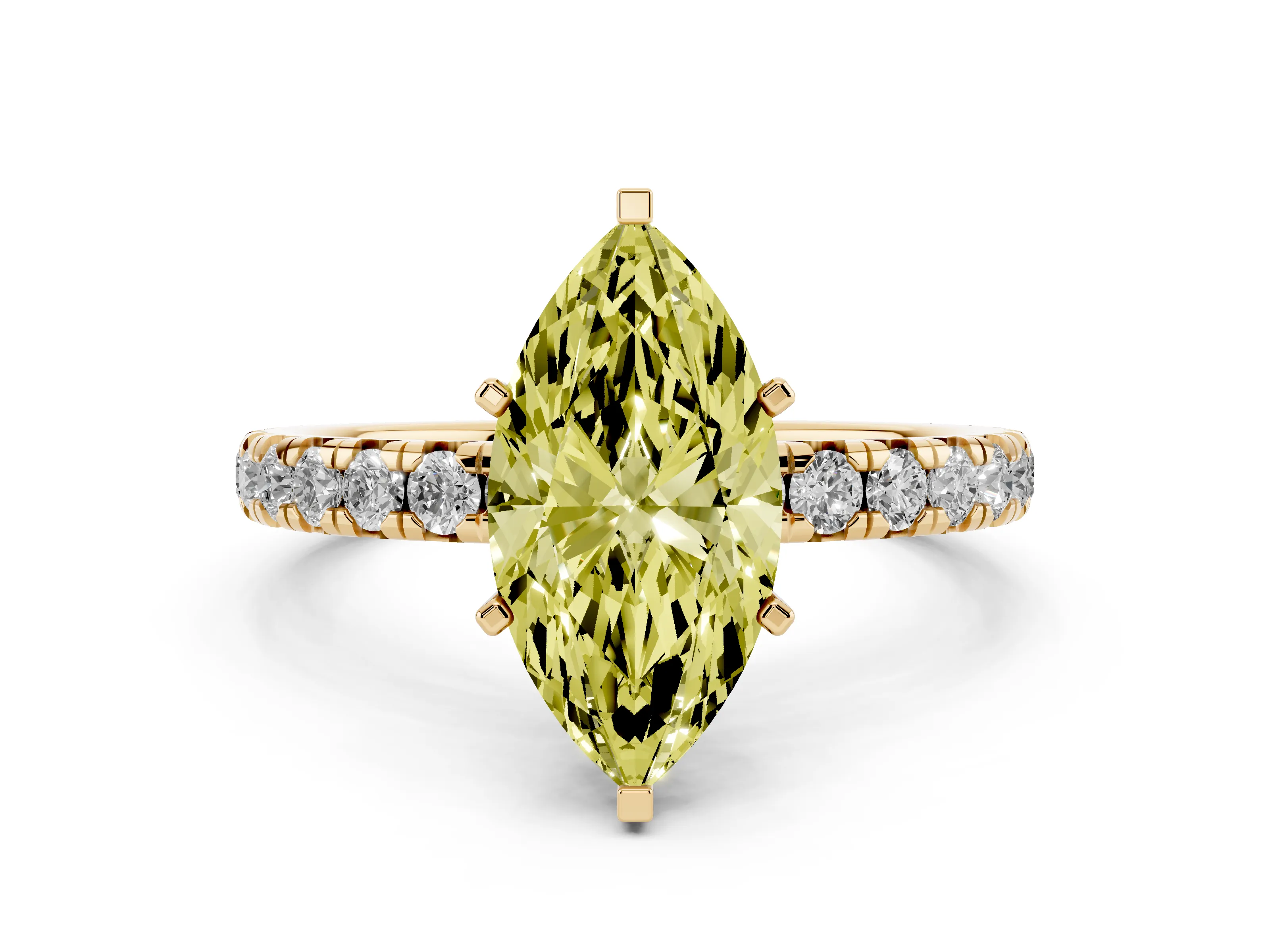 Fancy Yellow Marquise Cut Diamond Pavé Solitaire Ring Set in Yellow gold with Round Band and Prong Setting