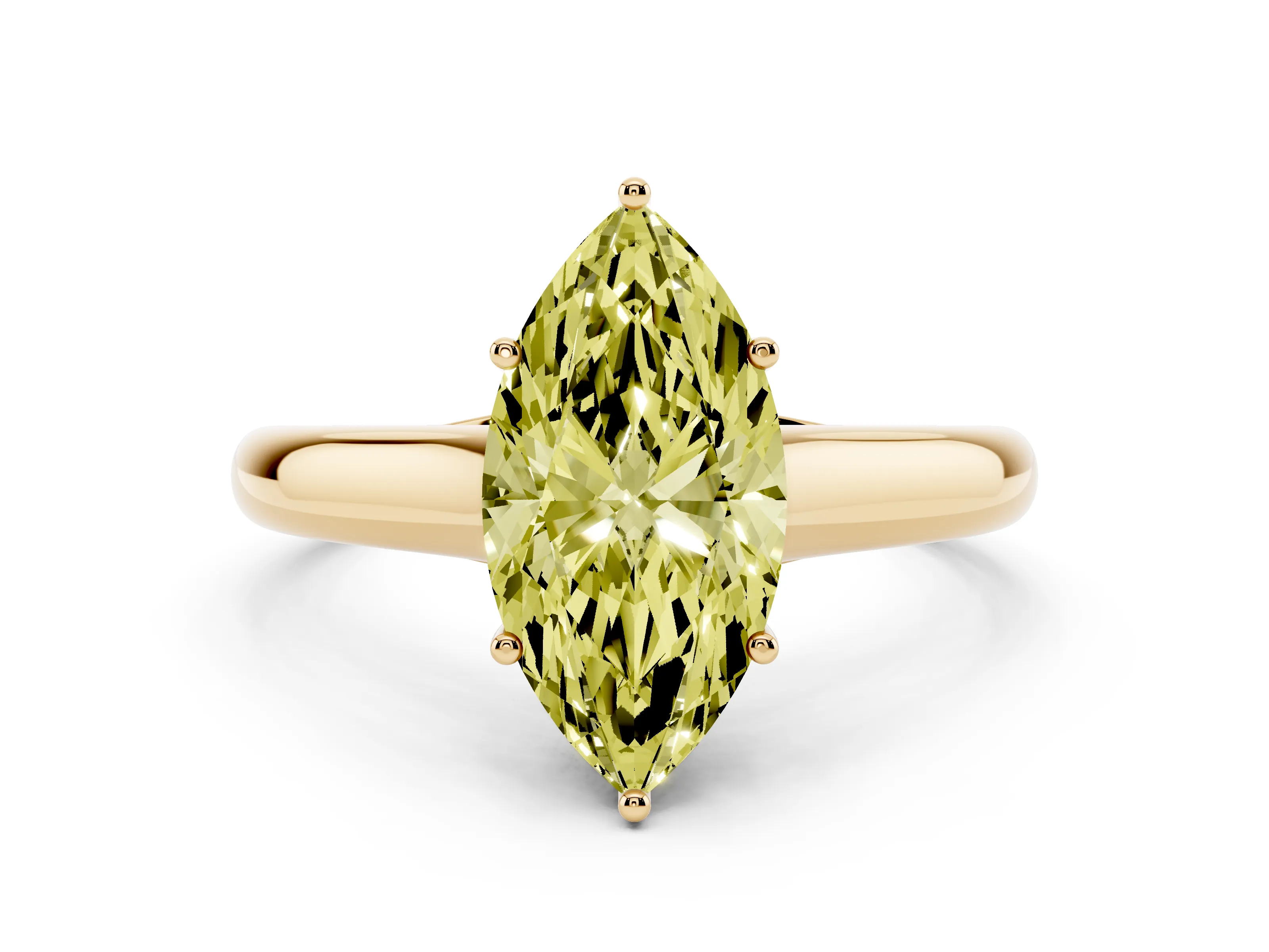 Fancy Yellow Marquise Cut Diamond Solitaire Engagement Ring Set in Yellow gold with Subtly Tapered Band and Prong Setting