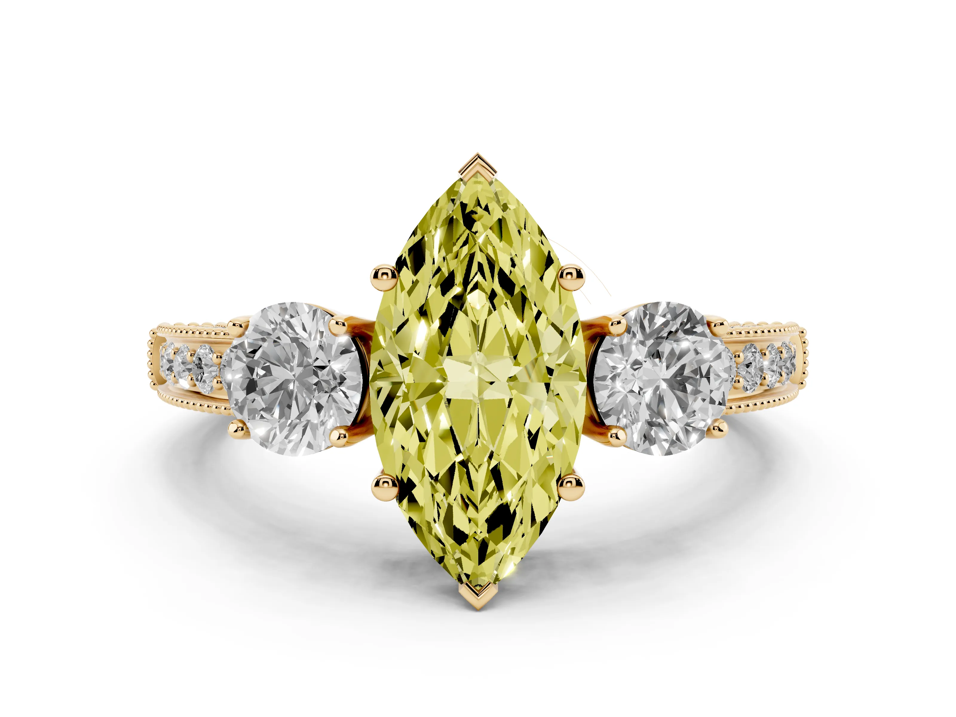Fancy Yellow Marquise Cut Diamond Three-Stone Ring Set in Yellow gold with Round Side Stones and Pavé Band