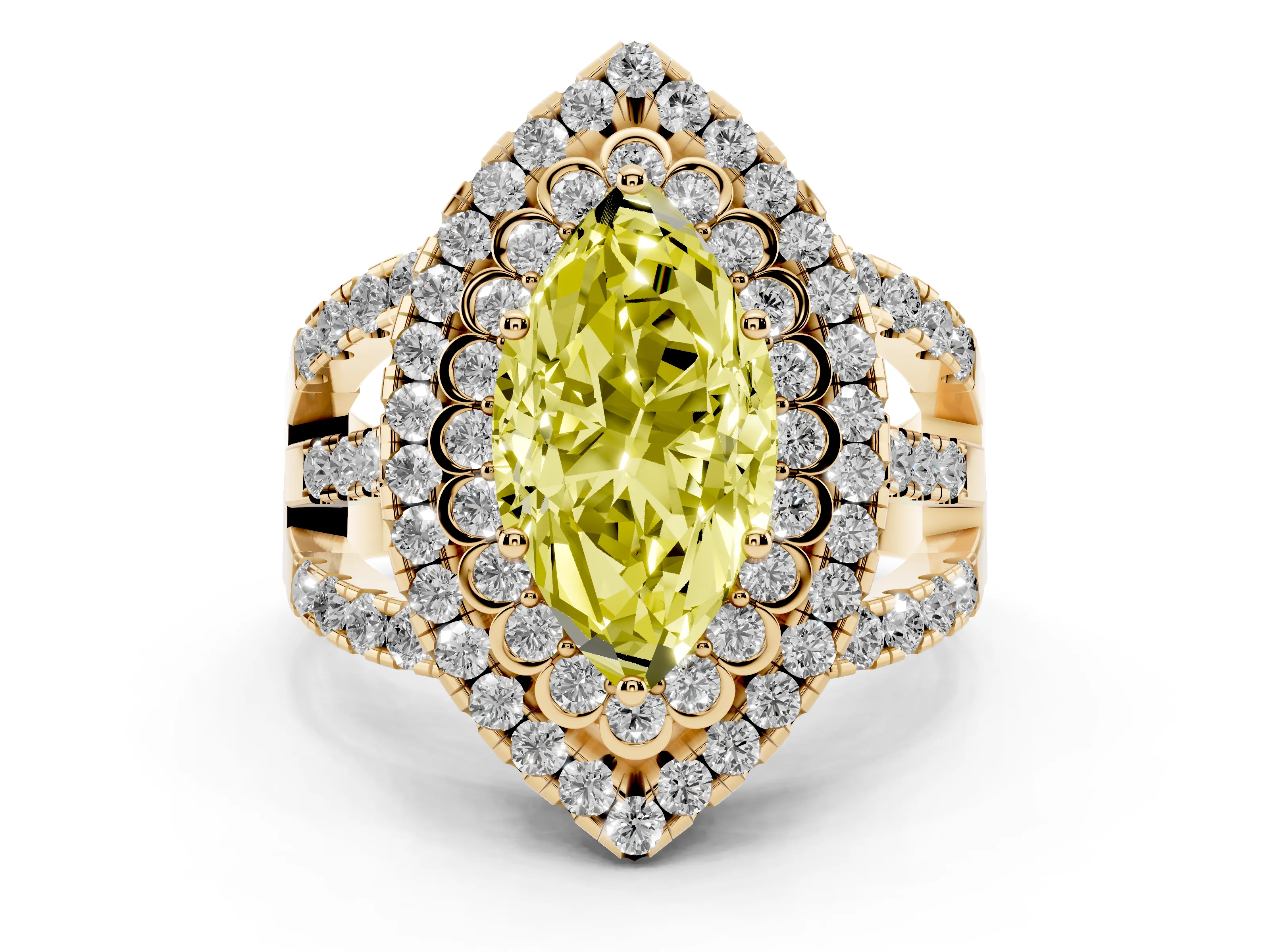 Fancy Yellow Marquise Cut Diamond Double Halo Ring Set in Yellow gold with Round Pavé Split Shank