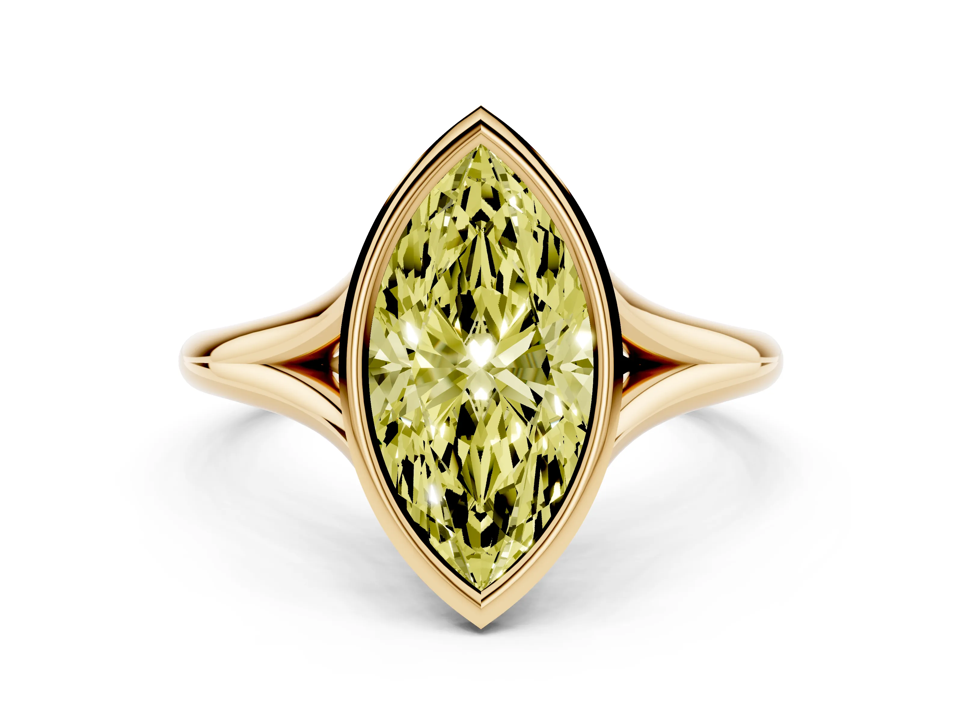 Fancy Yellow Bezel Set Marquise Cut Diamond Solitaire Ring Set in Yellow gold with Tapered Band
