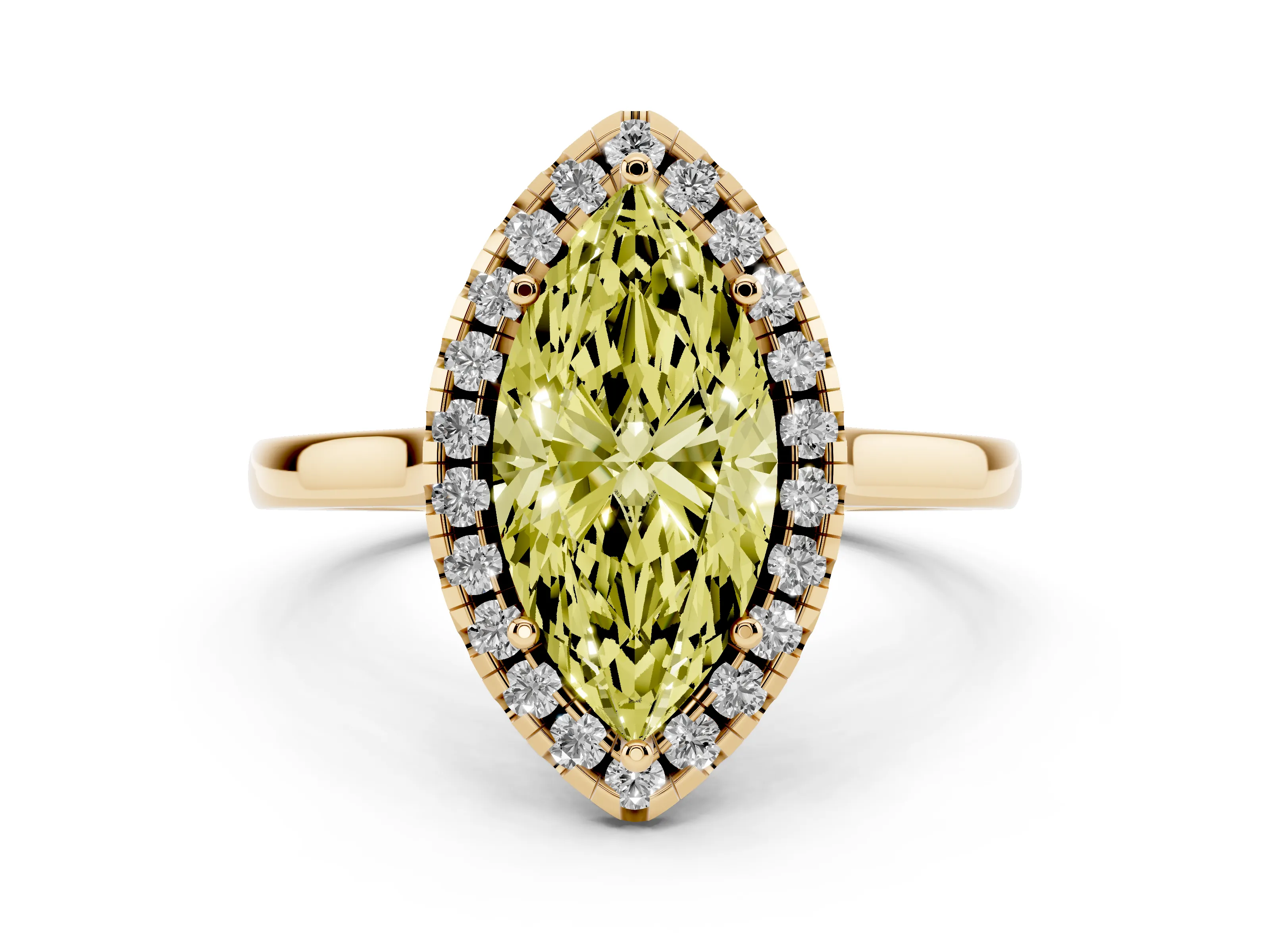 Fancy Yellow Marquise Cut Halo Round Diamond Solitaire Ring Set in Yellow gold with Pavé Band and Prong Setting
