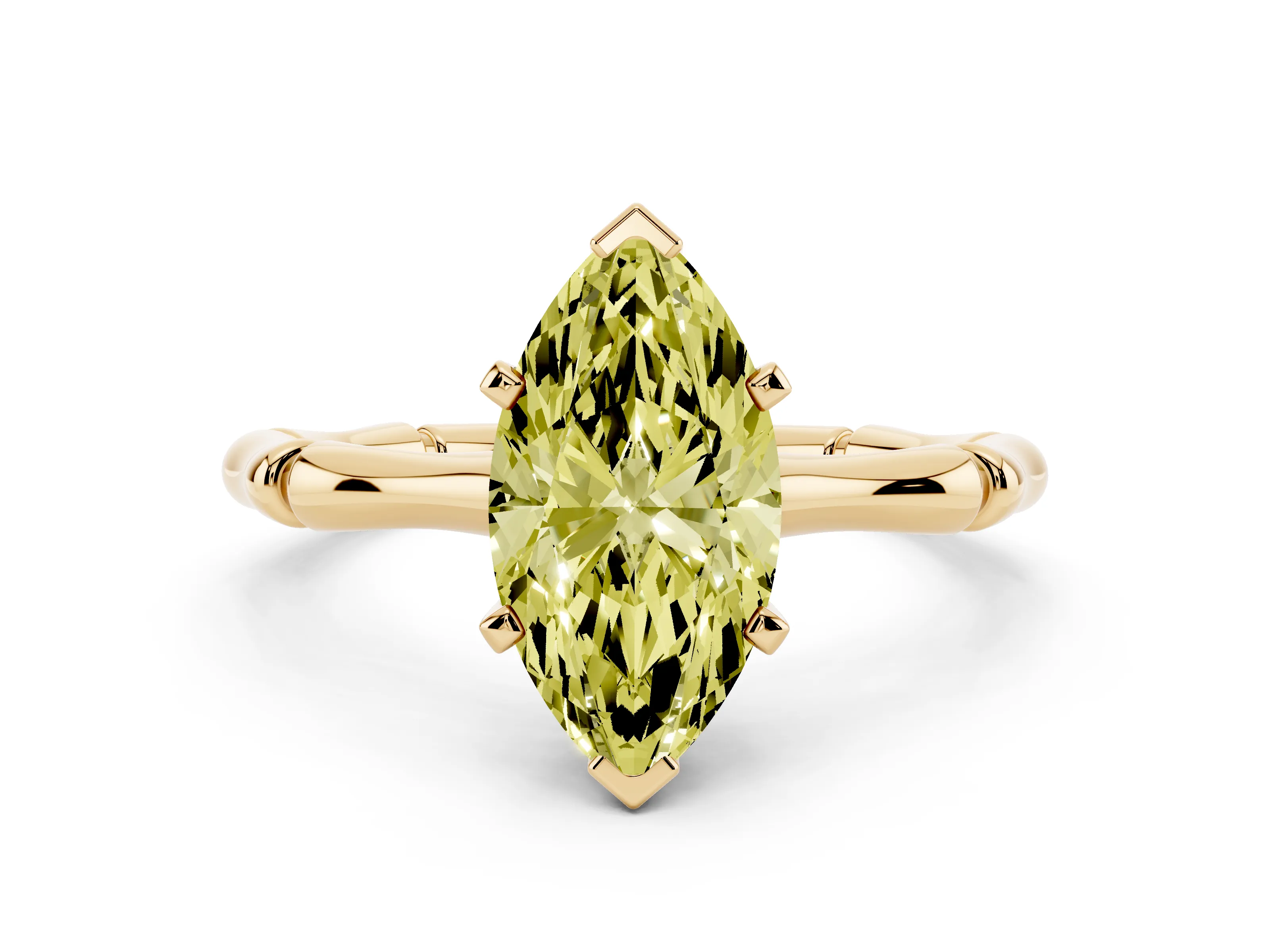 Fancy Yellow Marquise Cut Diamond Solitaire Ring Set in Yellow gold with Bamboo Band and Prong Setting