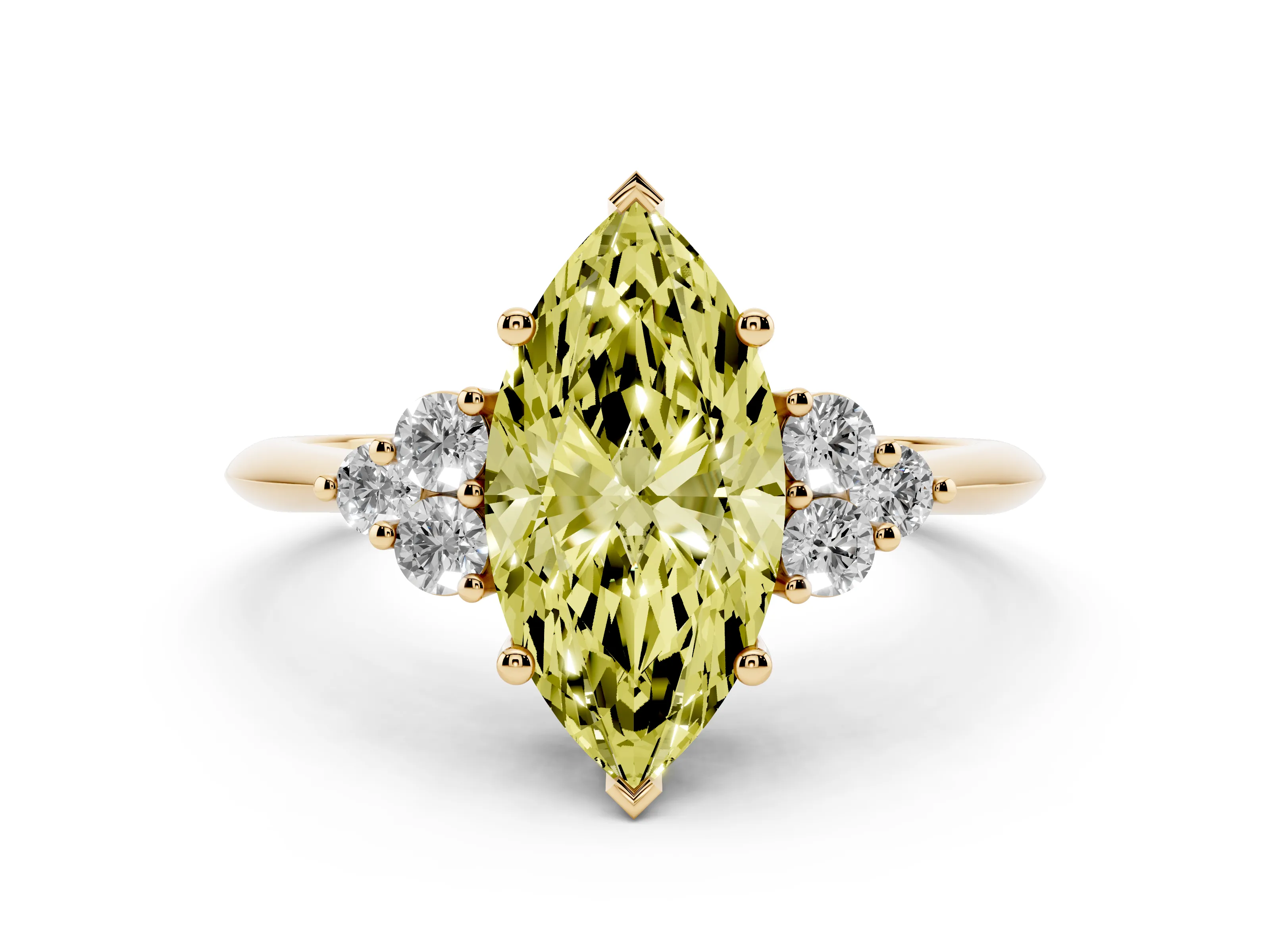 Fancy Yellow Marquise Cut Diamond Cluster Ring Set in Yellow gold with Plain Band and Prong Setting