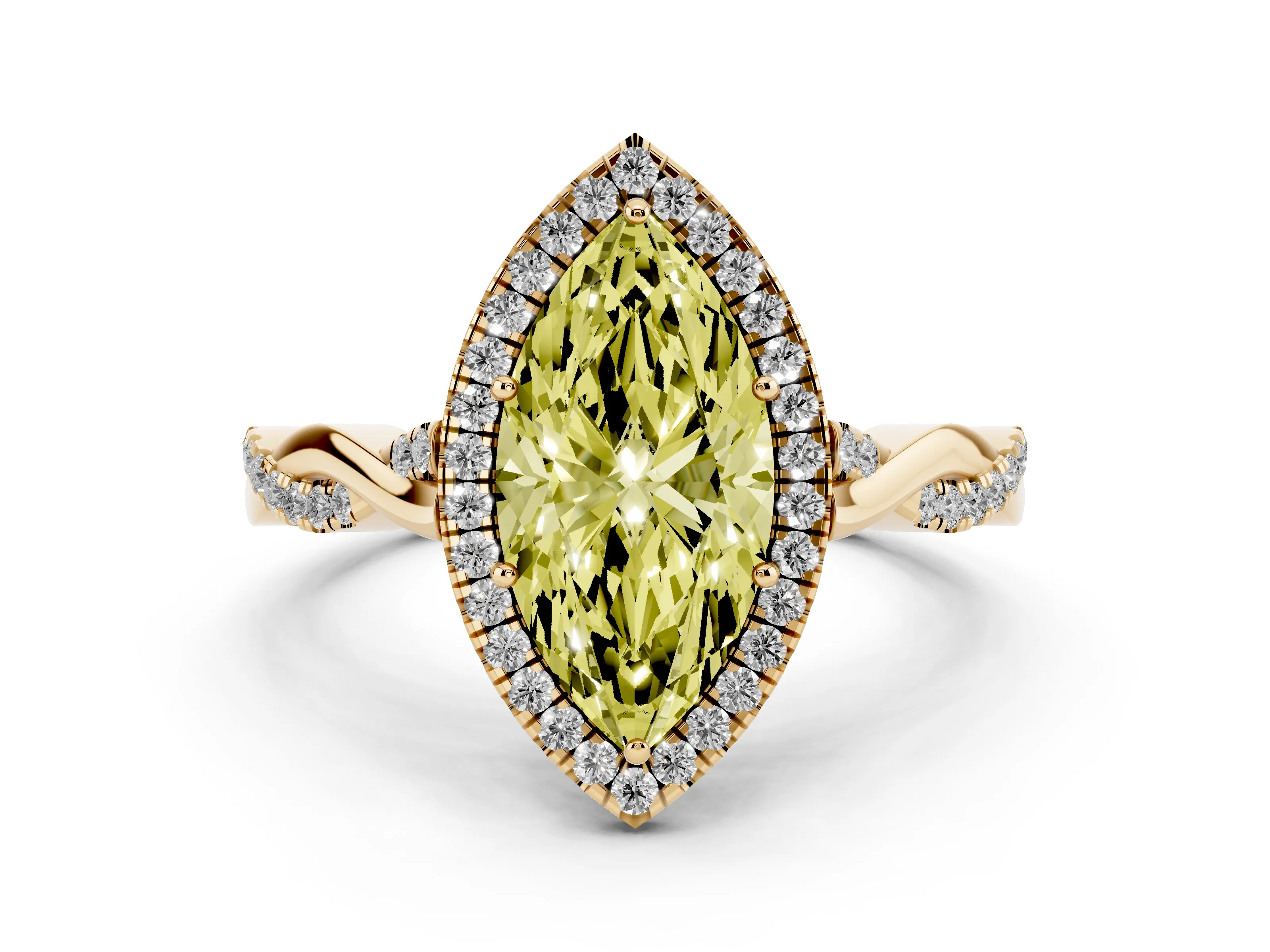 Fancy Yellow Marquise Cut Diamond Halo Twist Band Solitaire Ring Set in Yellow gold with Prong Setting