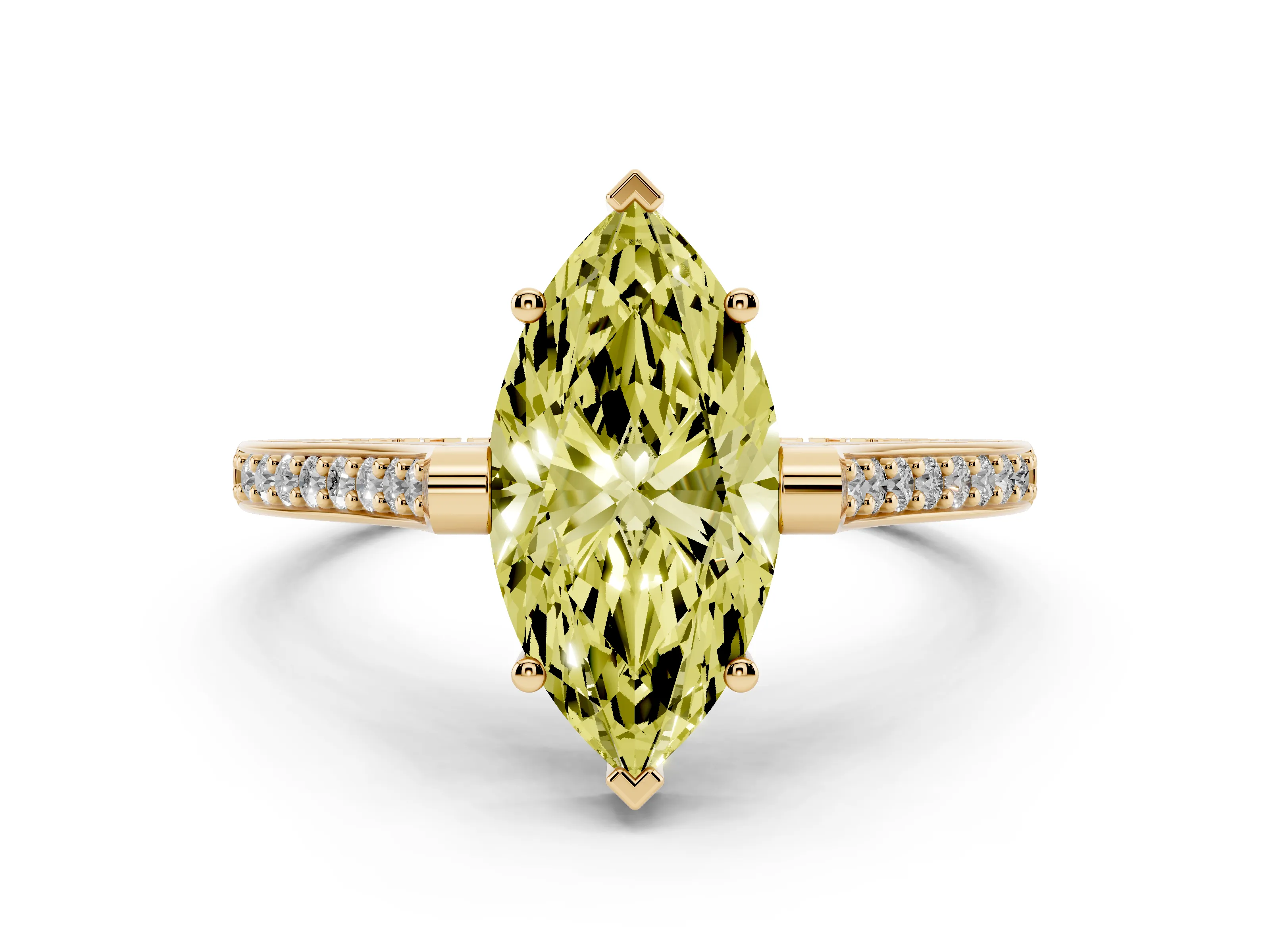 Fancy Yellow Marquise Cut Diamond Solitaire Ring Set in Yellow gold with Channel Set Band and Bezel Prong Setting