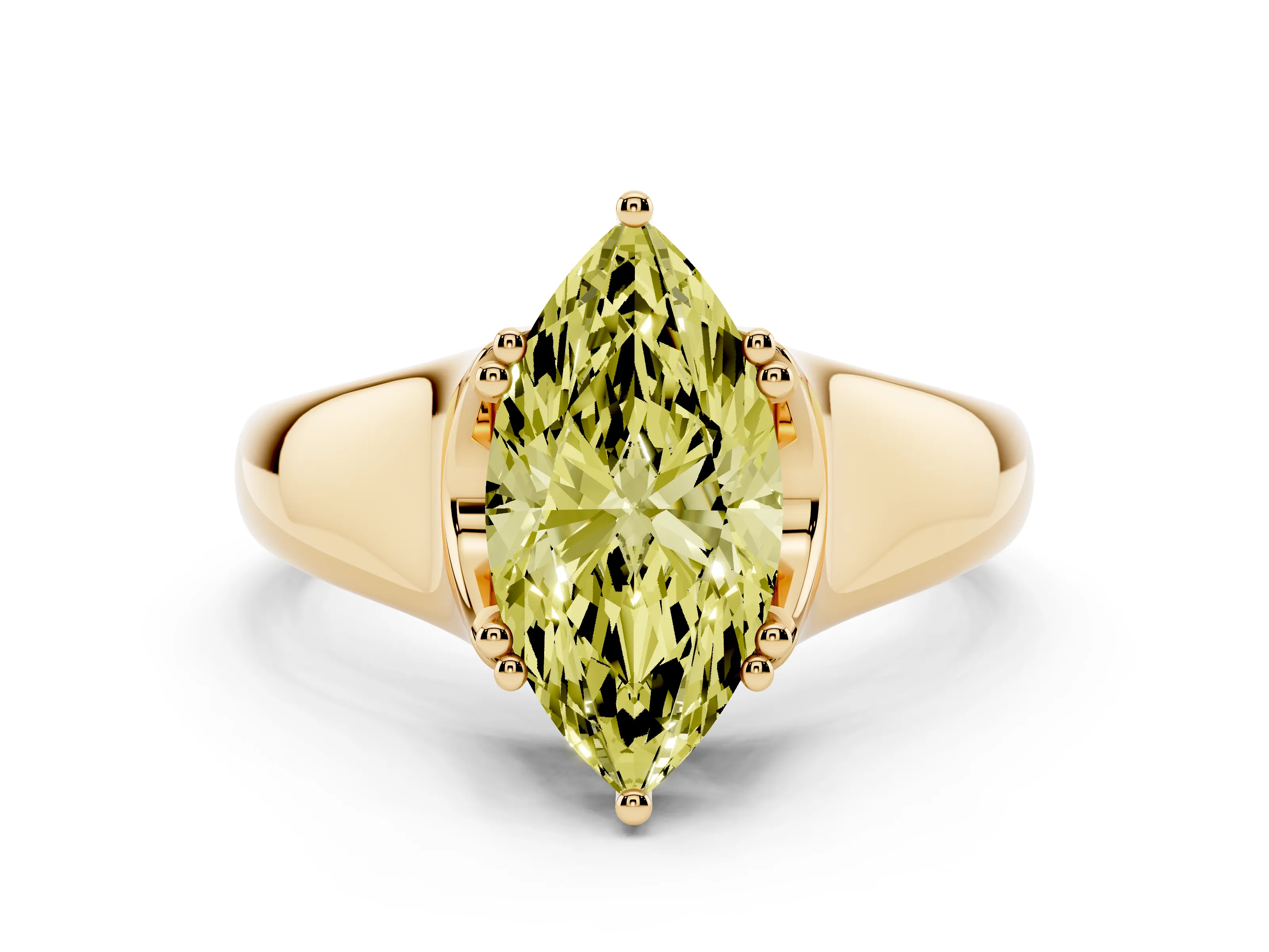 Fancy Yellow Marquise Cut Diamond Solitaire Ring Set in Yellow gold with Wide Band and Prong Setting