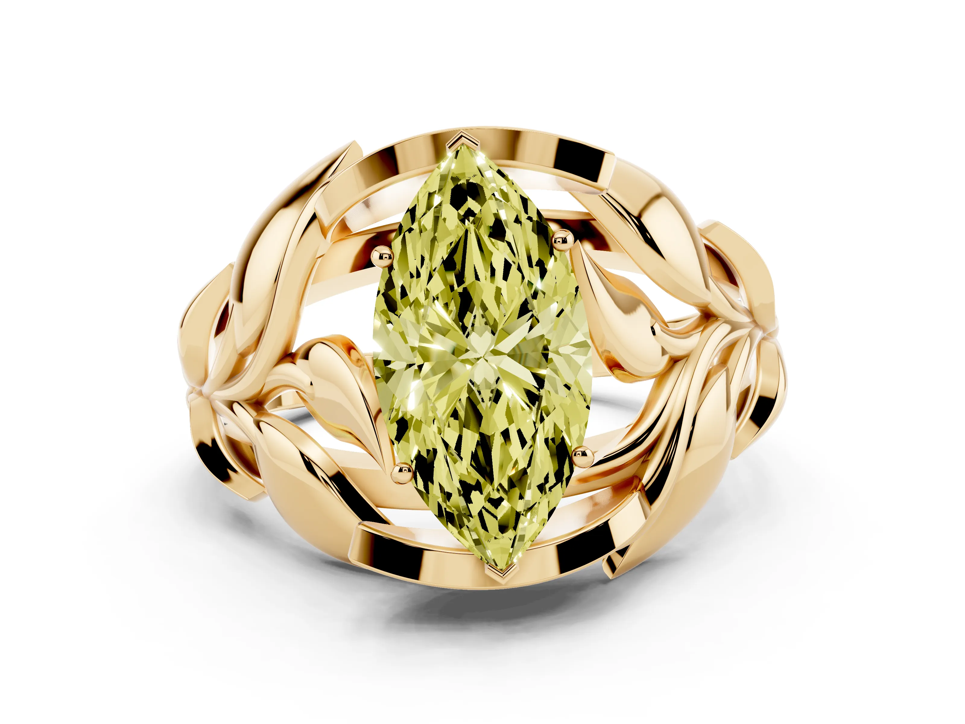 Fancy Yellow Marquise Cut Diamond Leaf-Inspired Engagement Ring Set in Yellow gold with Round Accents